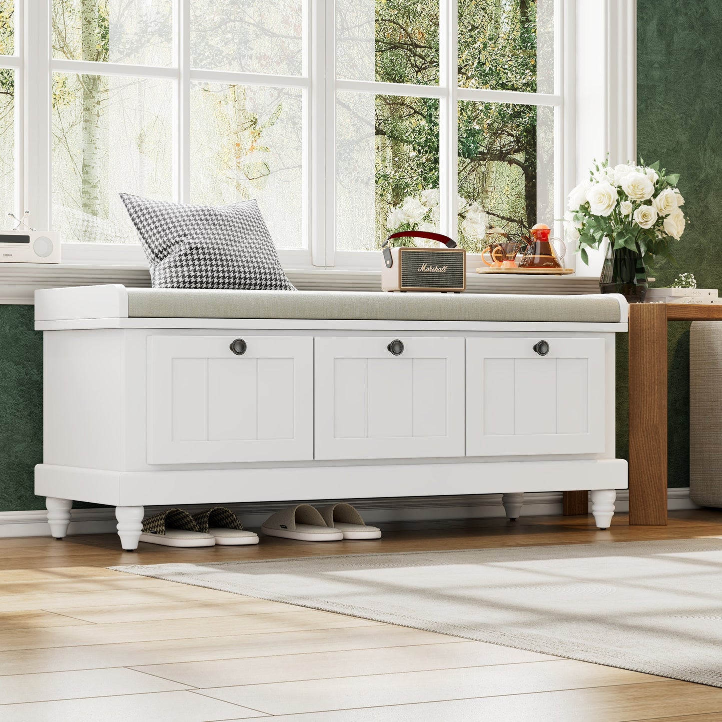TREXM Classic Shoe Bench with Cushion and Three Drawers, Fluted Entryway Bench with Storage for Living Room, Entryway, and Hallways (White,OLD SKU: N715P207812K) - 1st Choice Furniture Direct