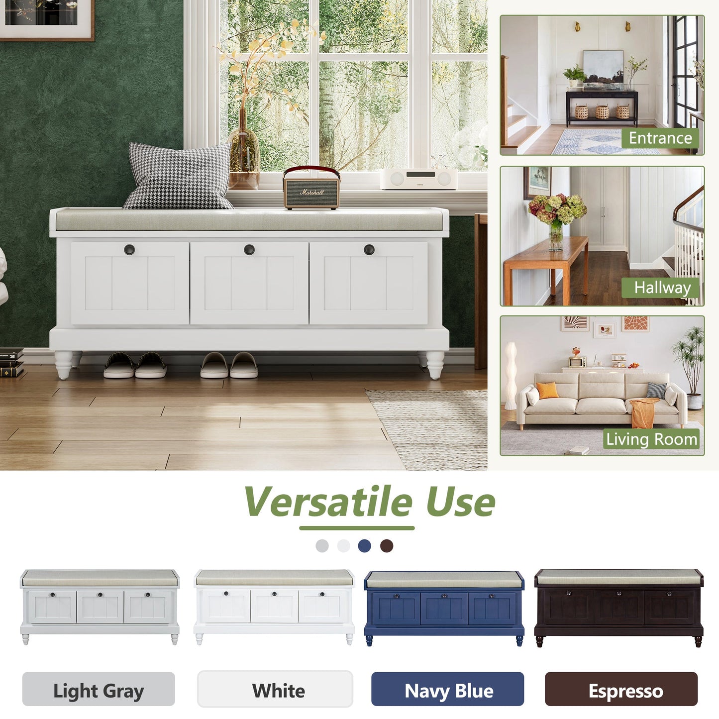 TREXM Classic Shoe Bench with Cushion and Three Drawers, Fluted Entryway Bench with Storage for Living Room, Entryway, and Hallways (White,OLD SKU: N715P207812K) - 1st Choice Furniture Direct