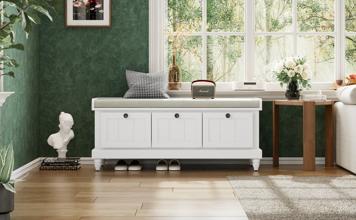 TREXM Classic Shoe Bench with Cushion and Three Drawers, Fluted Entryway Bench with Storage for Living Room, Entryway, and Hallways (White,OLD SKU: N715P207812K) - 1st Choice Furniture Direct