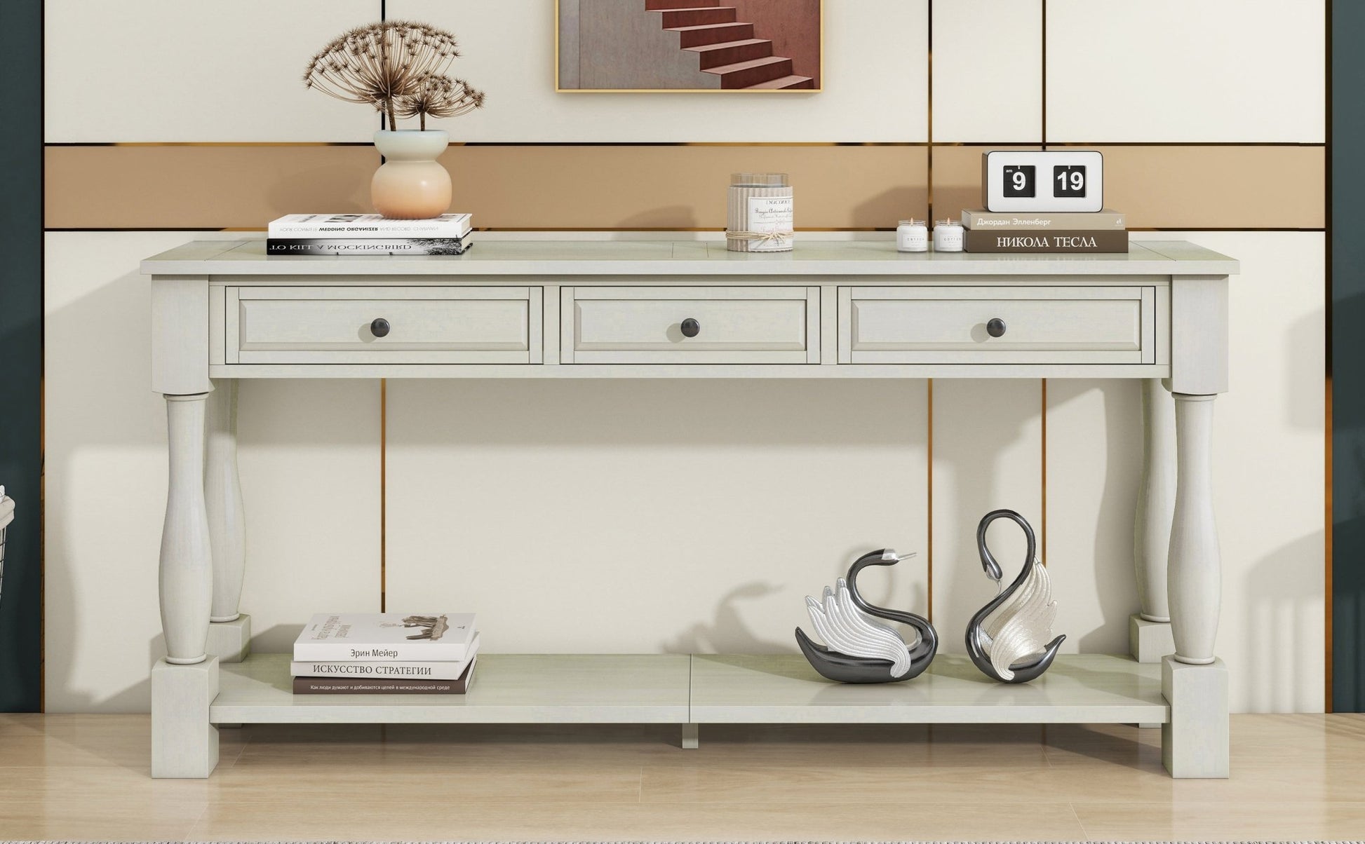 TREXM Console Table 63' Long Console Table with Drawers and Shelf for Entryway, Hallway, Living Room (Antique White, OLD SKU: WF314993AAK) - 1st Choice Furniture Direct