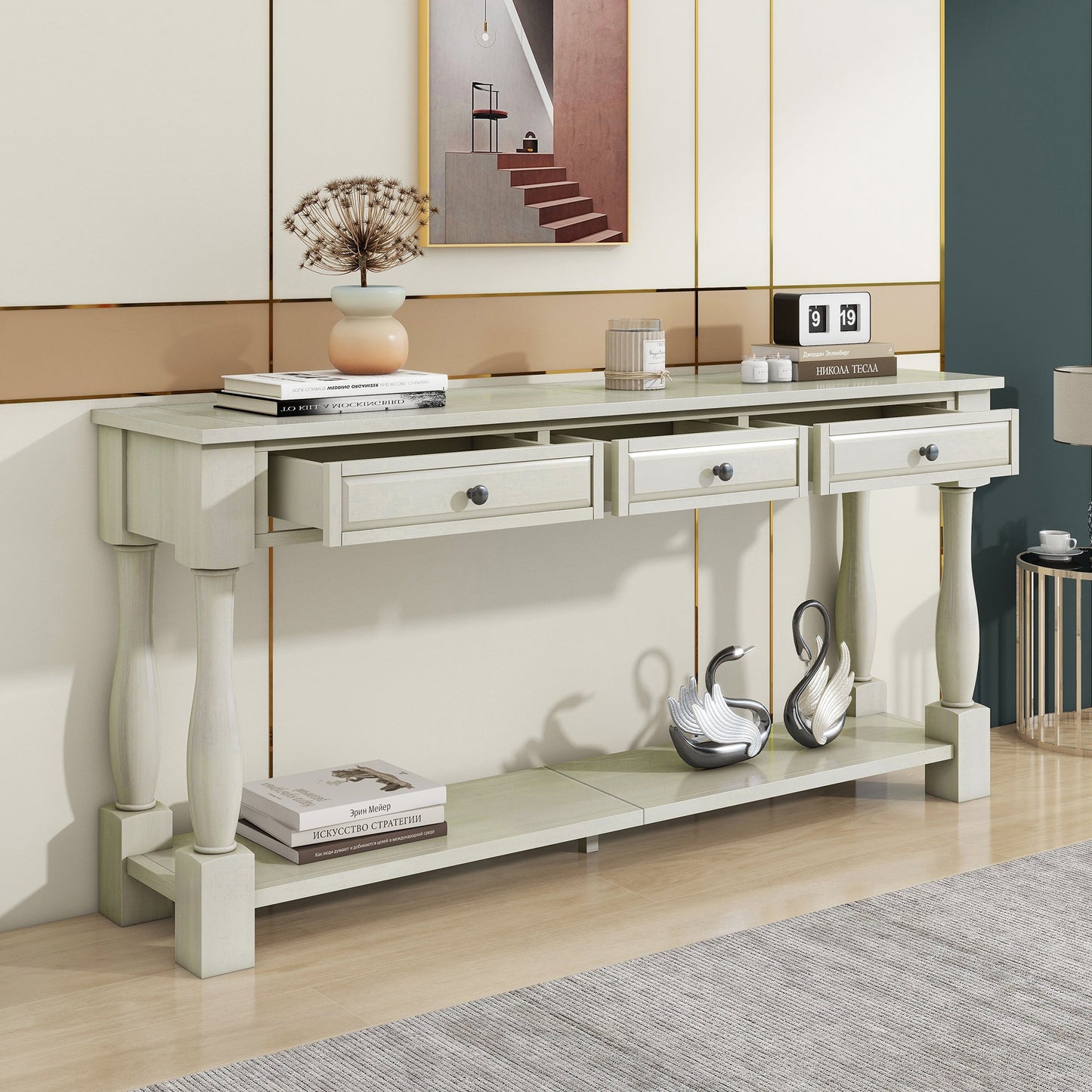 TREXM Console Table 63' Long Console Table with Drawers and Shelf for Entryway, Hallway, Living Room (Antique White, OLD SKU: WF314993AAK) - 1st Choice Furniture Direct