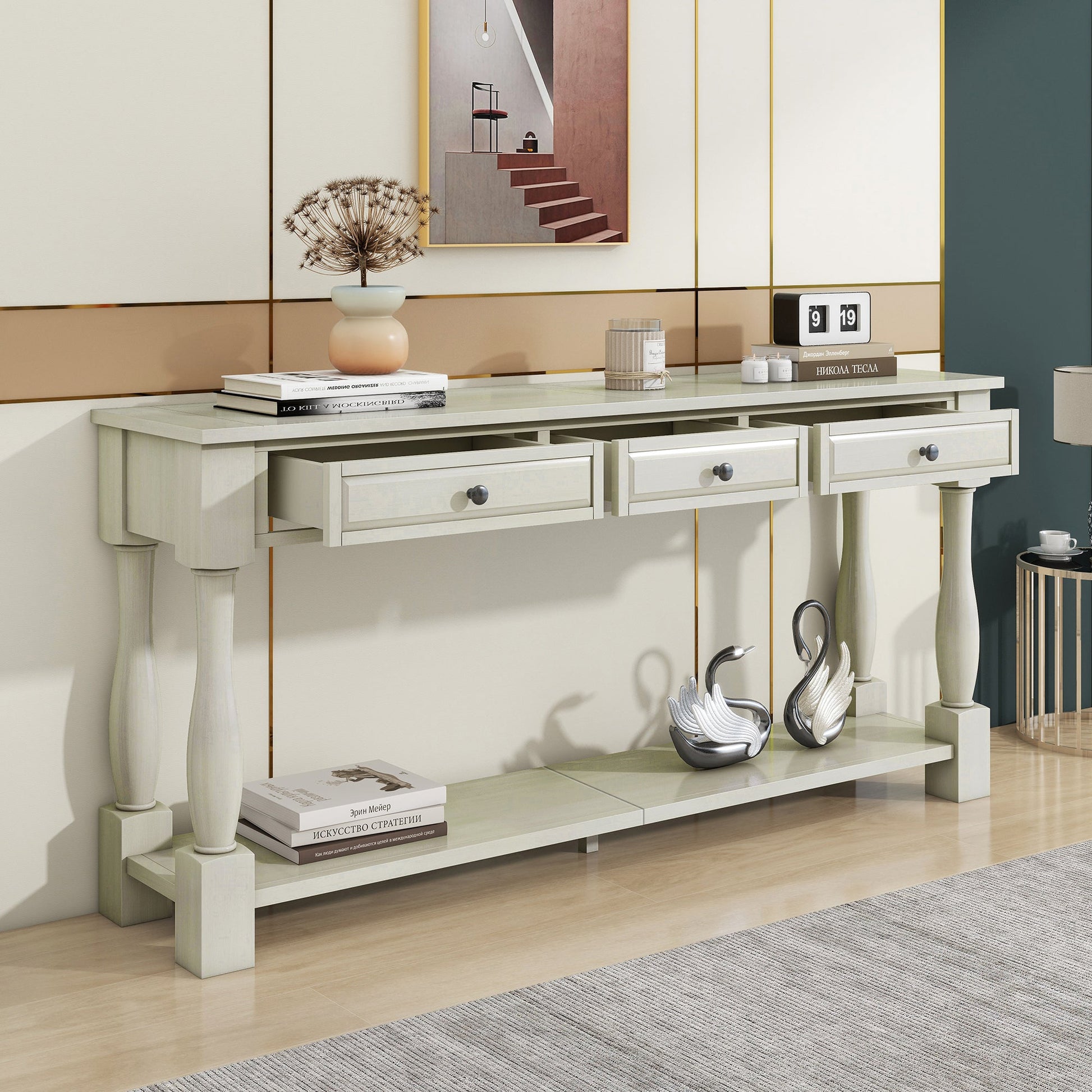 TREXM Console Table 63' Long Console Table with Drawers and Shelf for Entryway, Hallway, Living Room (Antique White, OLD SKU: WF314993AAK) - 1st Choice Furniture Direct