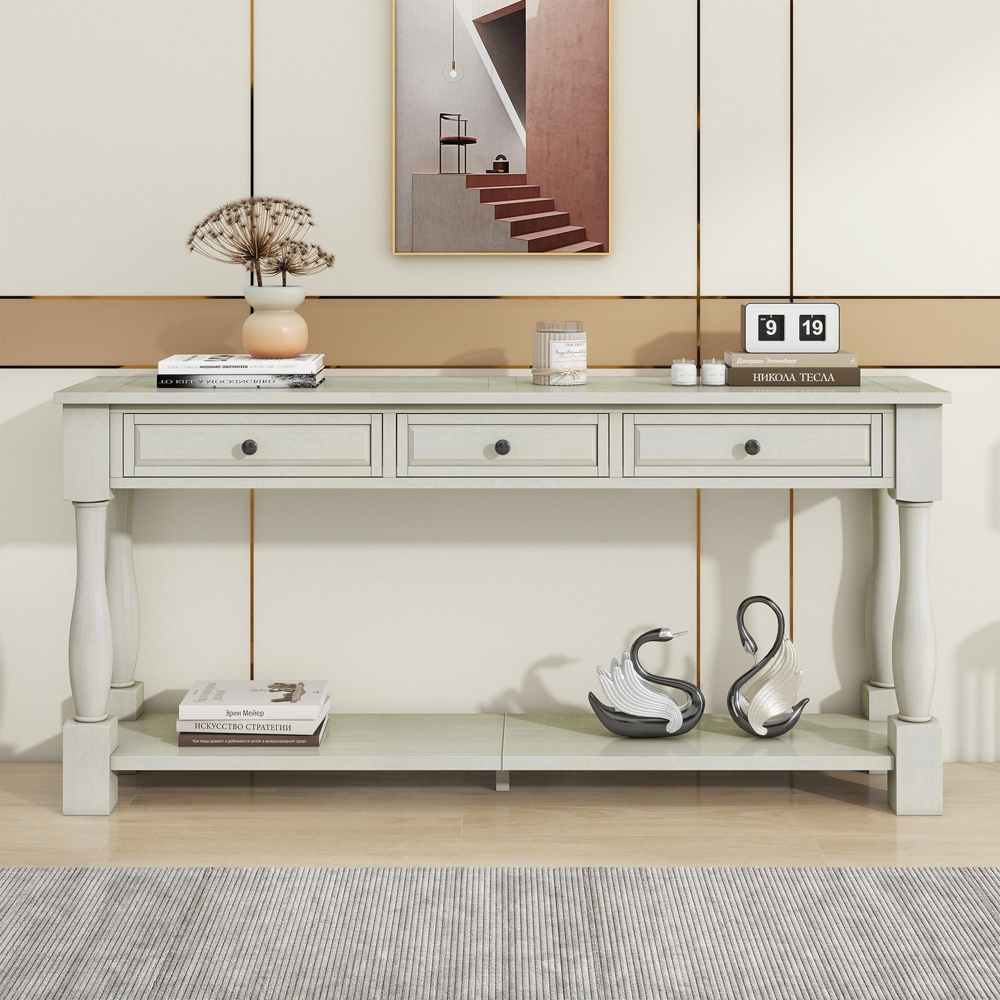 TREXM Console Table 63' Long Console Table with Drawers and Shelf for Entryway, Hallway, Living Room (Antique White, OLD SKU: WF314993AAK) - 1st Choice Furniture Direct