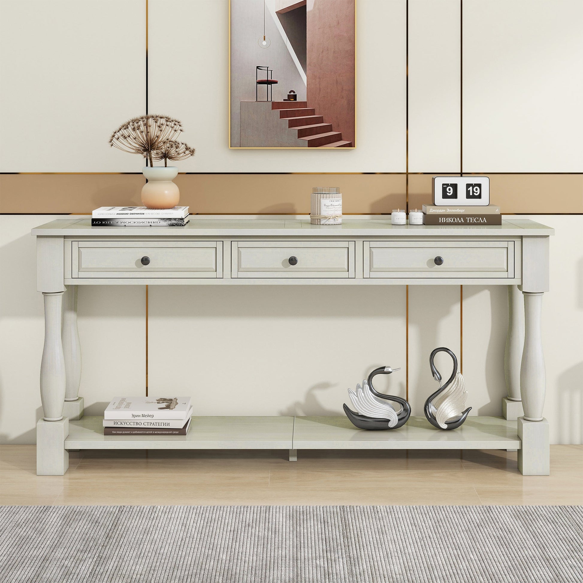 TREXM Console Table 63' Long Console Table with Drawers and Shelf for Entryway, Hallway, Living Room (Antique White, OLD SKU: WF314993AAK) - 1st Choice Furniture Direct