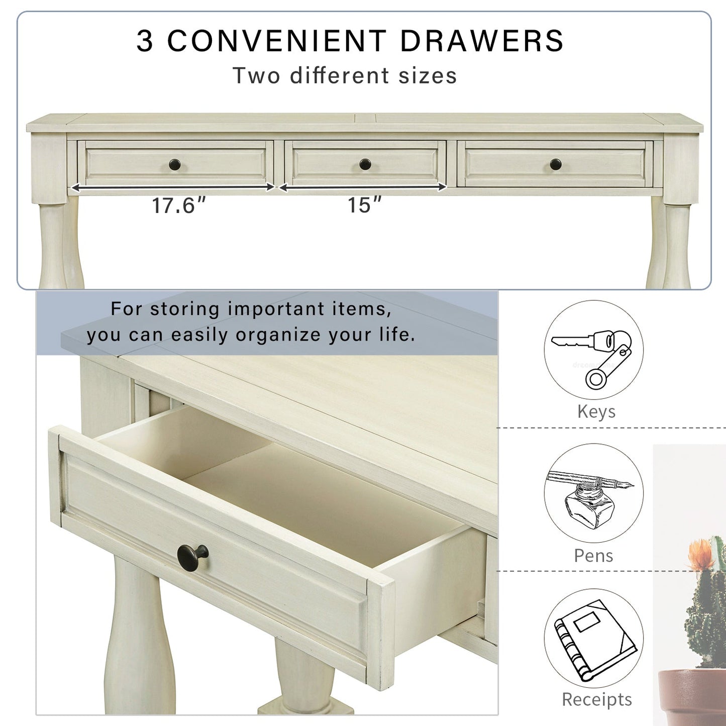 TREXM Console Table 63' Long Console Table with Drawers and Shelf for Entryway, Hallway, Living Room (Antique White, OLD SKU: WF314993AAK) - 1st Choice Furniture Direct