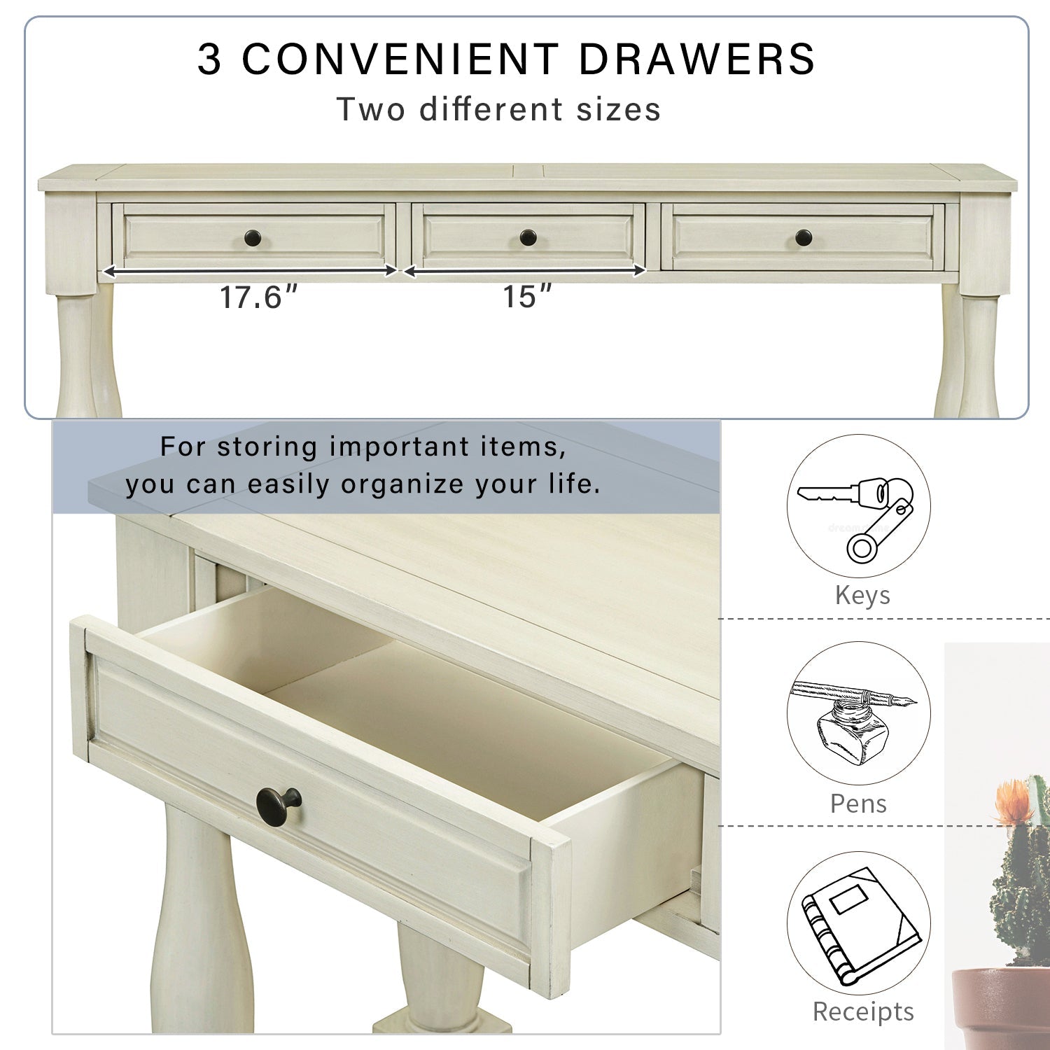 TREXM Console Table 63' Long Console Table with Drawers and Shelf for Entryway, Hallway, Living Room (Antique White, OLD SKU: WF314993AAK) - 1st Choice Furniture Direct