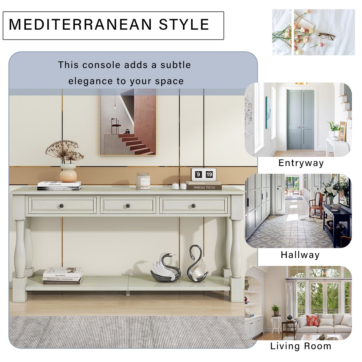 TREXM Console Table 63' Long Console Table with Drawers and Shelf for Entryway, Hallway, Living Room (Antique White, OLD SKU: WF314993AAK) - 1st Choice Furniture Direct