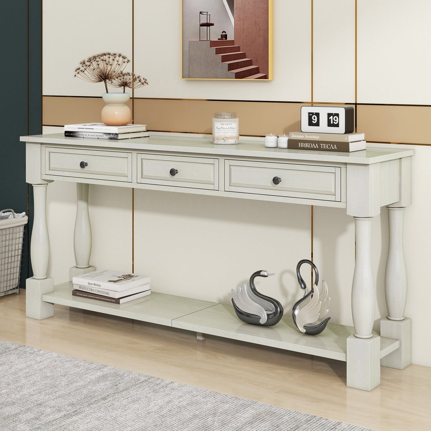 TREXM Console Table 63' Long Console Table with Drawers and Shelf for Entryway, Hallway, Living Room (Antique White, OLD SKU: WF314993AAK) - 1st Choice Furniture Direct