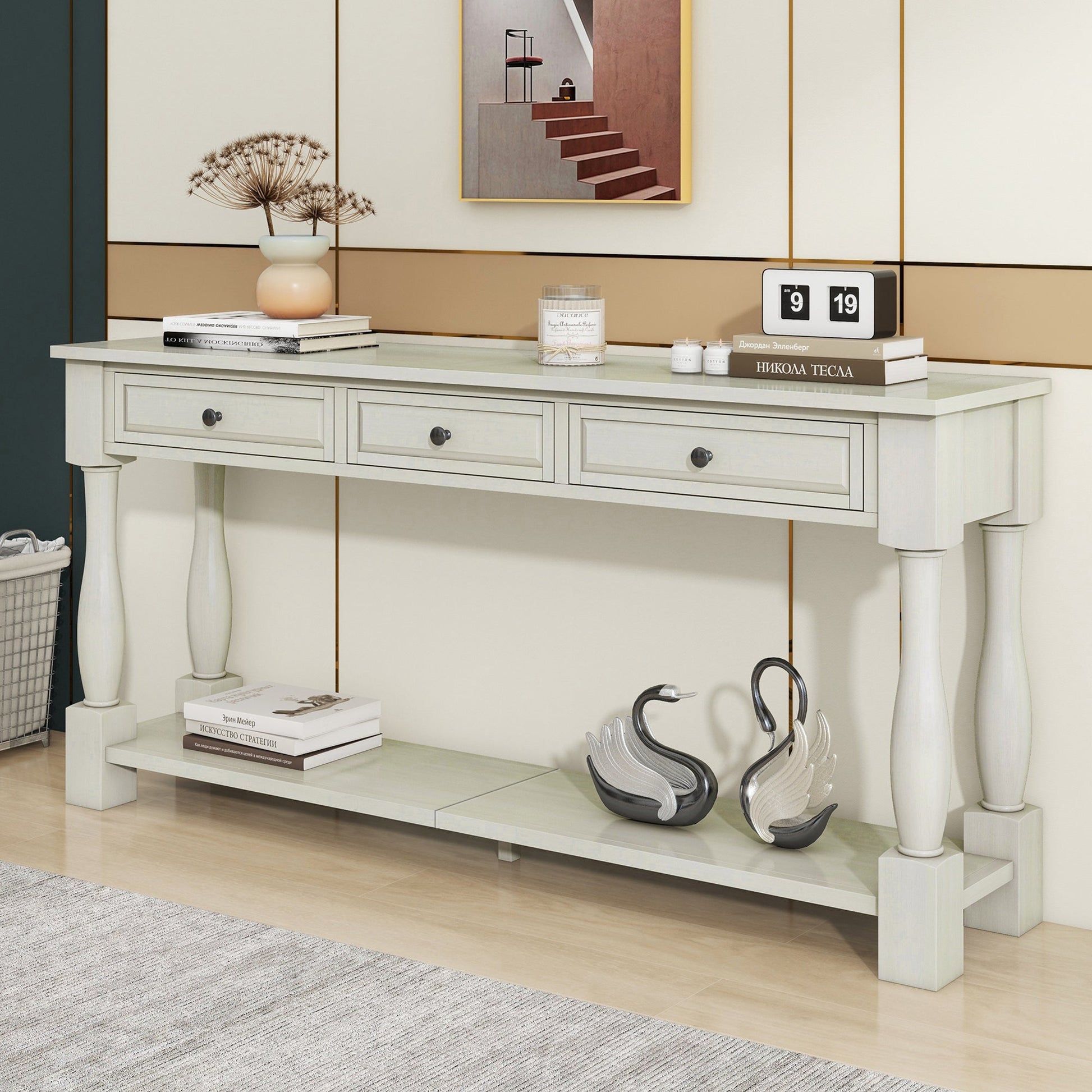TREXM Console Table 63' Long Console Table with Drawers and Shelf for Entryway, Hallway, Living Room (Antique White, OLD SKU: WF314993AAK) - 1st Choice Furniture Direct