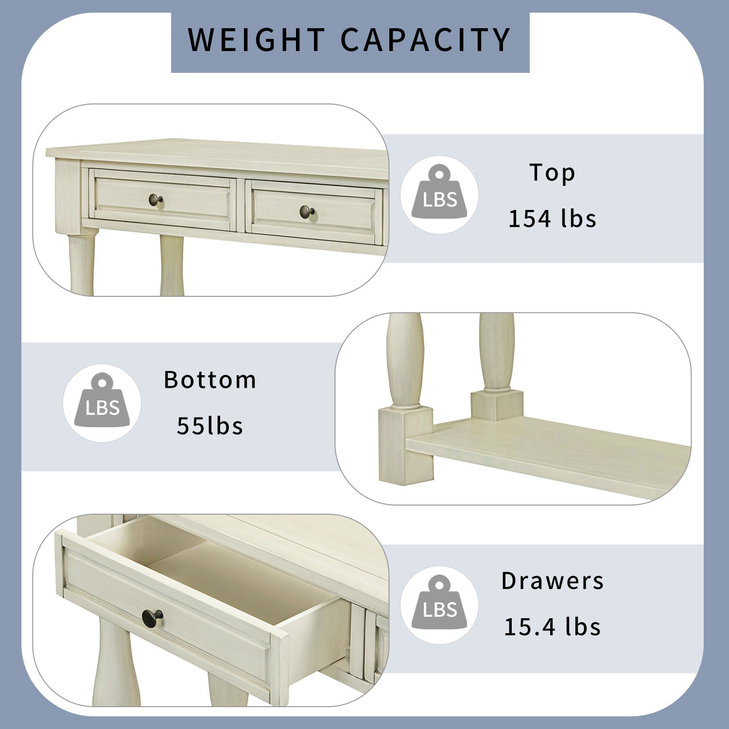 TREXM Console Table 63' Long Console Table with Drawers and Shelf for Entryway, Hallway, Living Room (Antique White, OLD SKU: WF314993AAK) - 1st Choice Furniture Direct