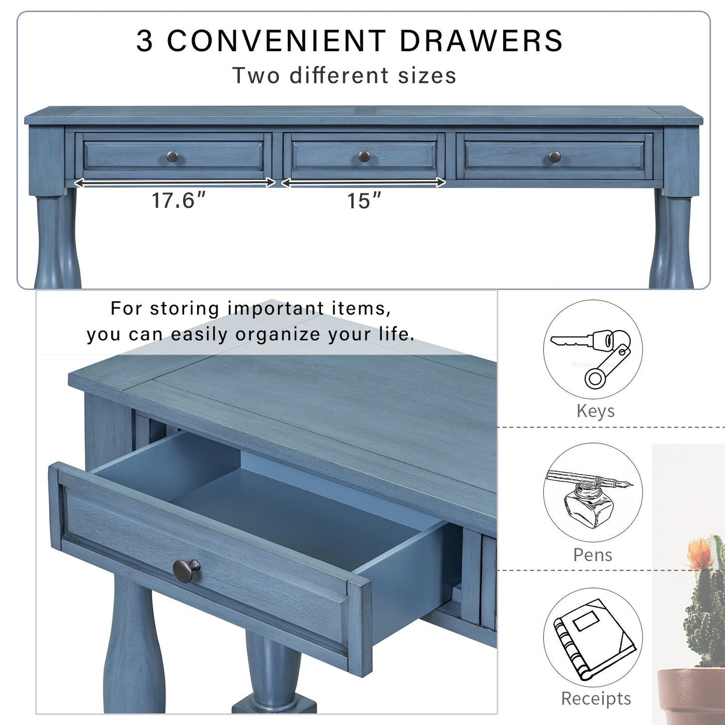 TREXM Console Table 63' Long Console Table with Drawers and Shelf for Entryway, Hallway, Living Room (Navy, OLD SKU: WF314993AAM) - 1st Choice Furniture Direct