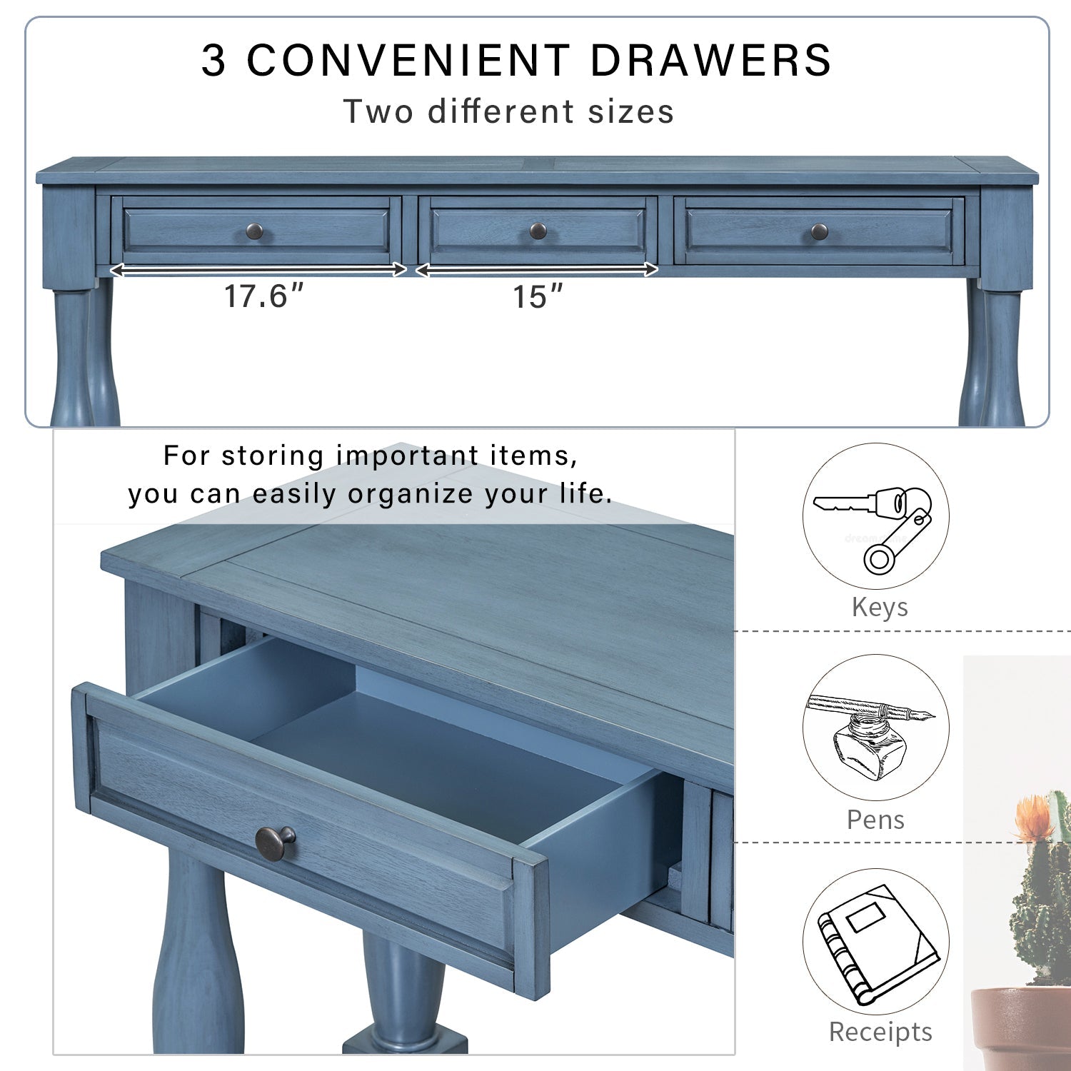 TREXM Console Table 63' Long Console Table with Drawers and Shelf for Entryway, Hallway, Living Room (Navy, OLD SKU: WF314993AAM) - 1st Choice Furniture Direct