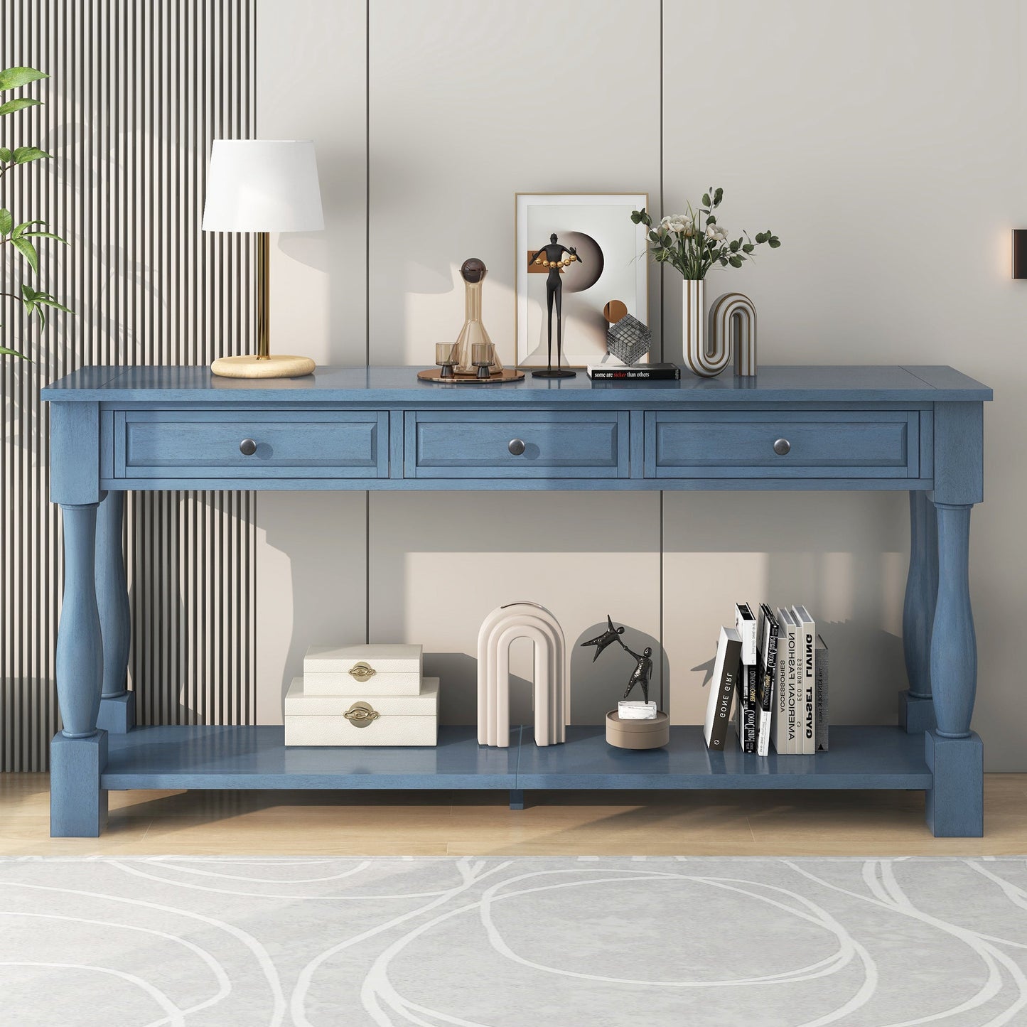 TREXM Console Table 63' Long Console Table with Drawers and Shelf for Entryway, Hallway, Living Room (Navy, OLD SKU: WF314993AAM) - 1st Choice Furniture Direct