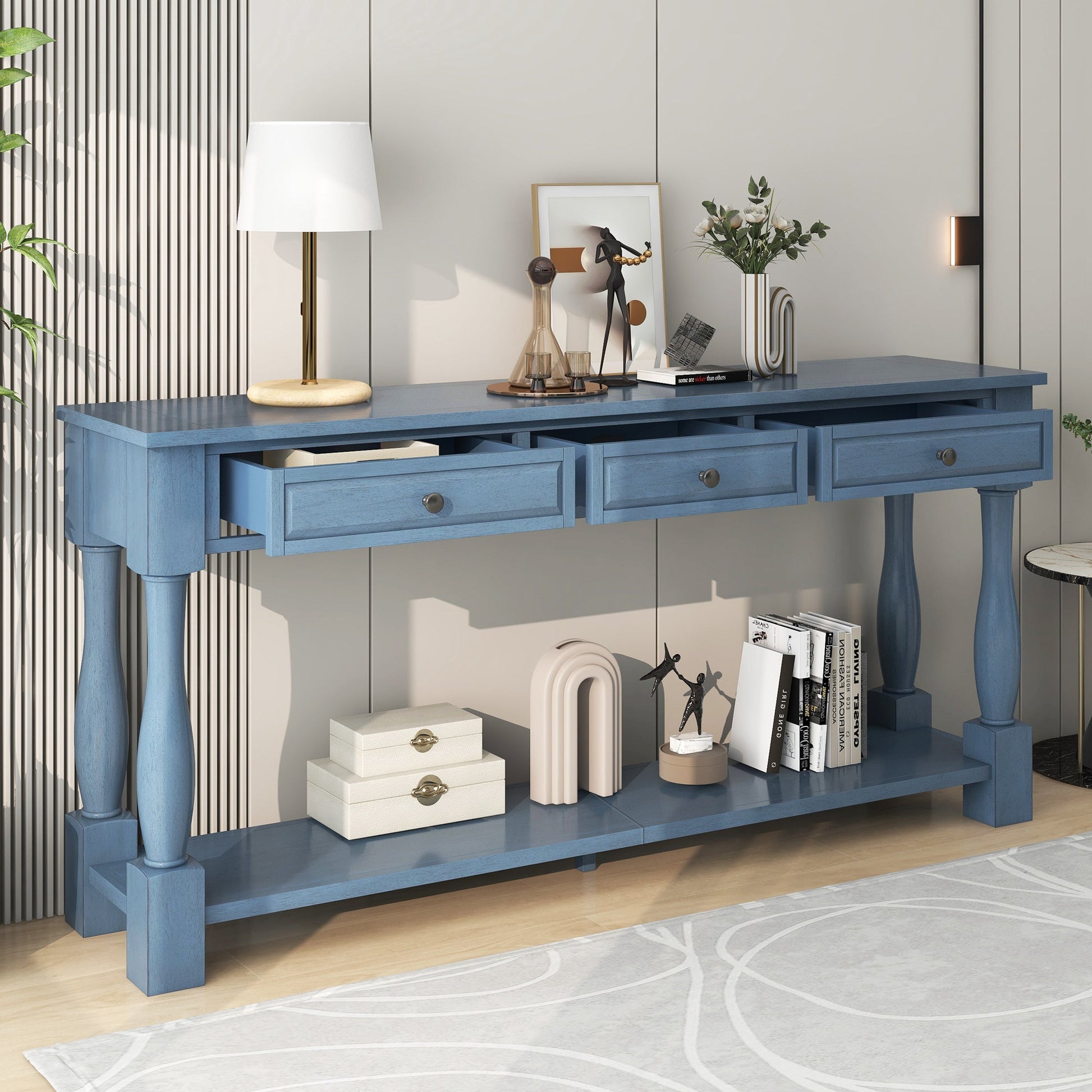 TREXM Console Table 63' Long Console Table with Drawers and Shelf for Entryway, Hallway, Living Room (Navy, OLD SKU: WF314993AAM) - 1st Choice Furniture Direct
