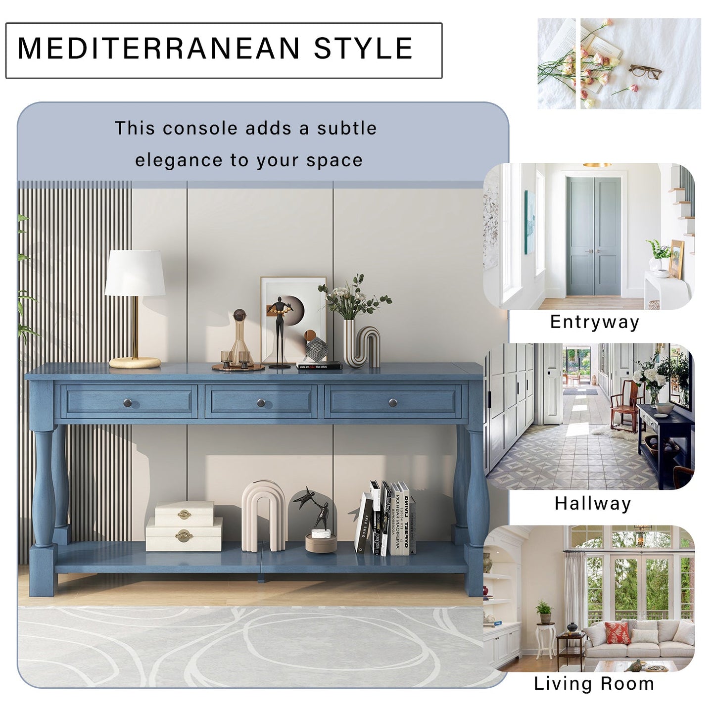TREXM Console Table 63' Long Console Table with Drawers and Shelf for Entryway, Hallway, Living Room (Navy, OLD SKU: WF314993AAM) - 1st Choice Furniture Direct