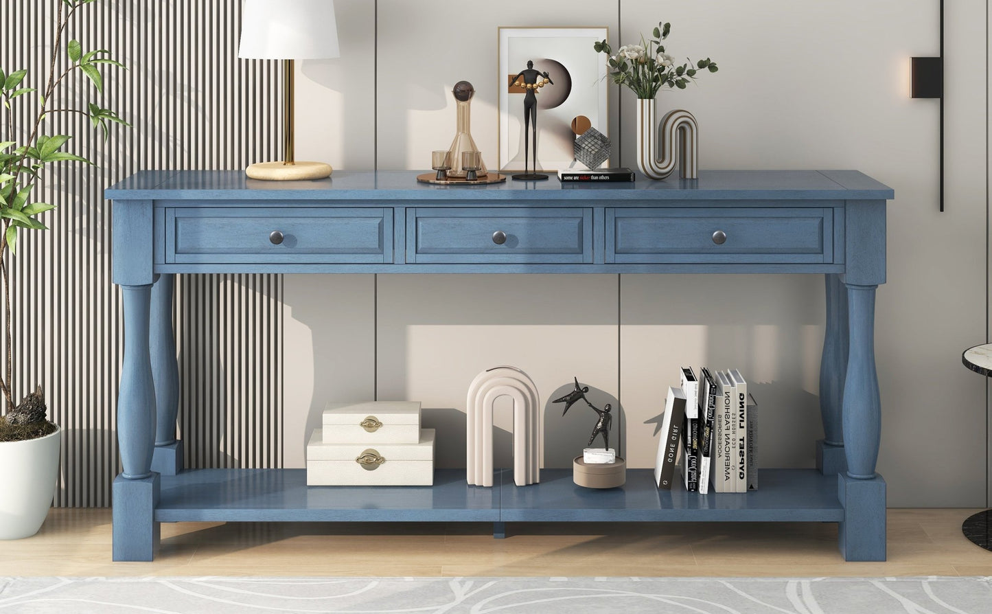 TREXM Console Table 63' Long Console Table with Drawers and Shelf for Entryway, Hallway, Living Room (Navy, OLD SKU: WF314993AAM) - 1st Choice Furniture Direct