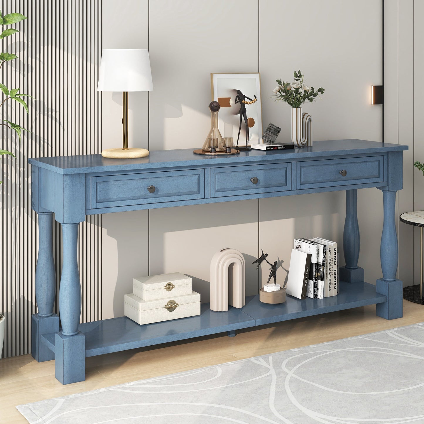 TREXM Console Table 63' Long Console Table with Drawers and Shelf for Entryway, Hallway, Living Room (Navy, OLD SKU: WF314993AAM) - 1st Choice Furniture Direct