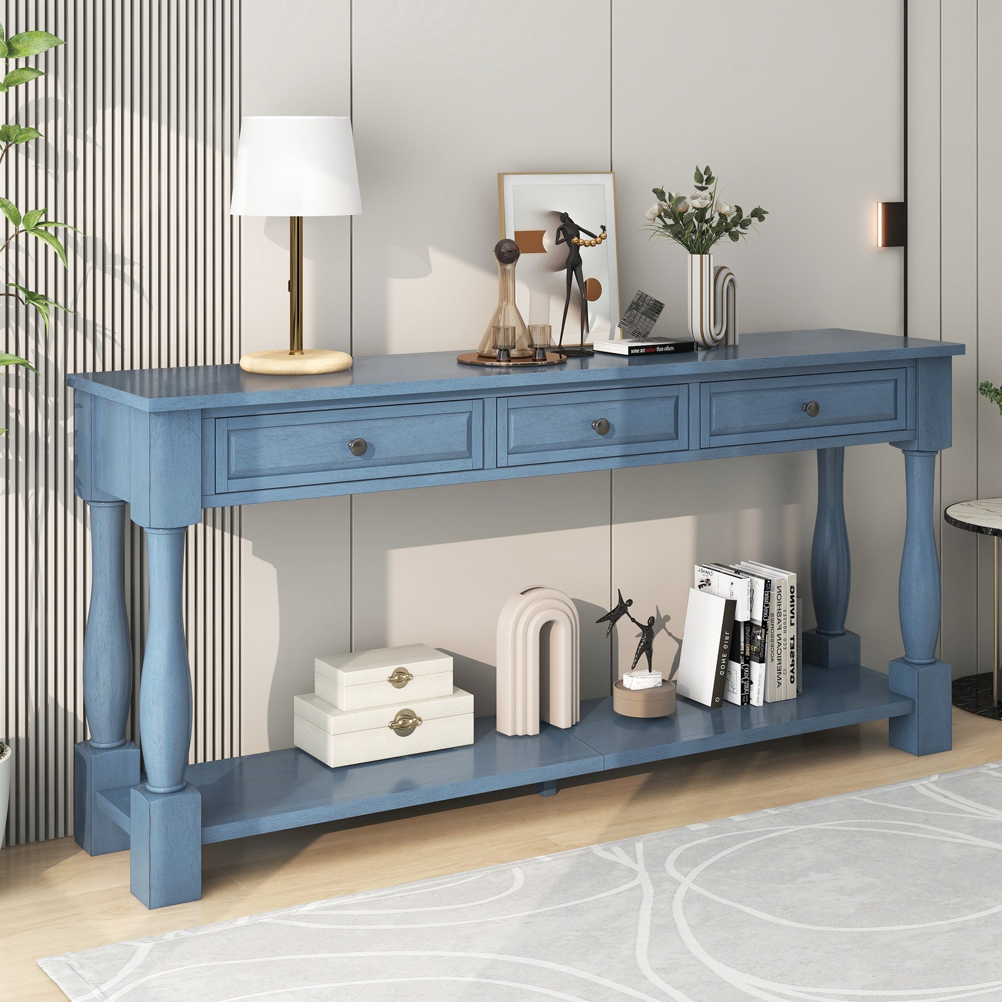 TREXM Console Table 63' Long Console Table with Drawers and Shelf for Entryway, Hallway, Living Room (Navy, OLD SKU: WF314993AAM) - 1st Choice Furniture Direct