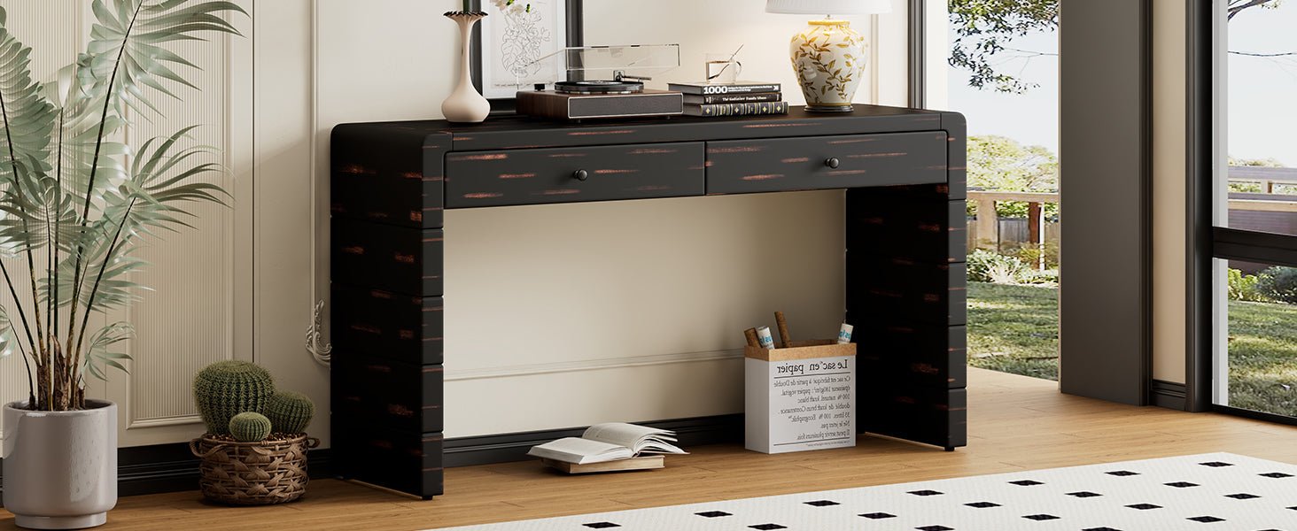 TREXM Curved Console Table with Storage, Wooden Entryway Table with 2 Drawers, Farmhouse Rustic Console Tables for Entryway, Hallway, Living Room, Distressed Black - 1st Choice Furniture Direct