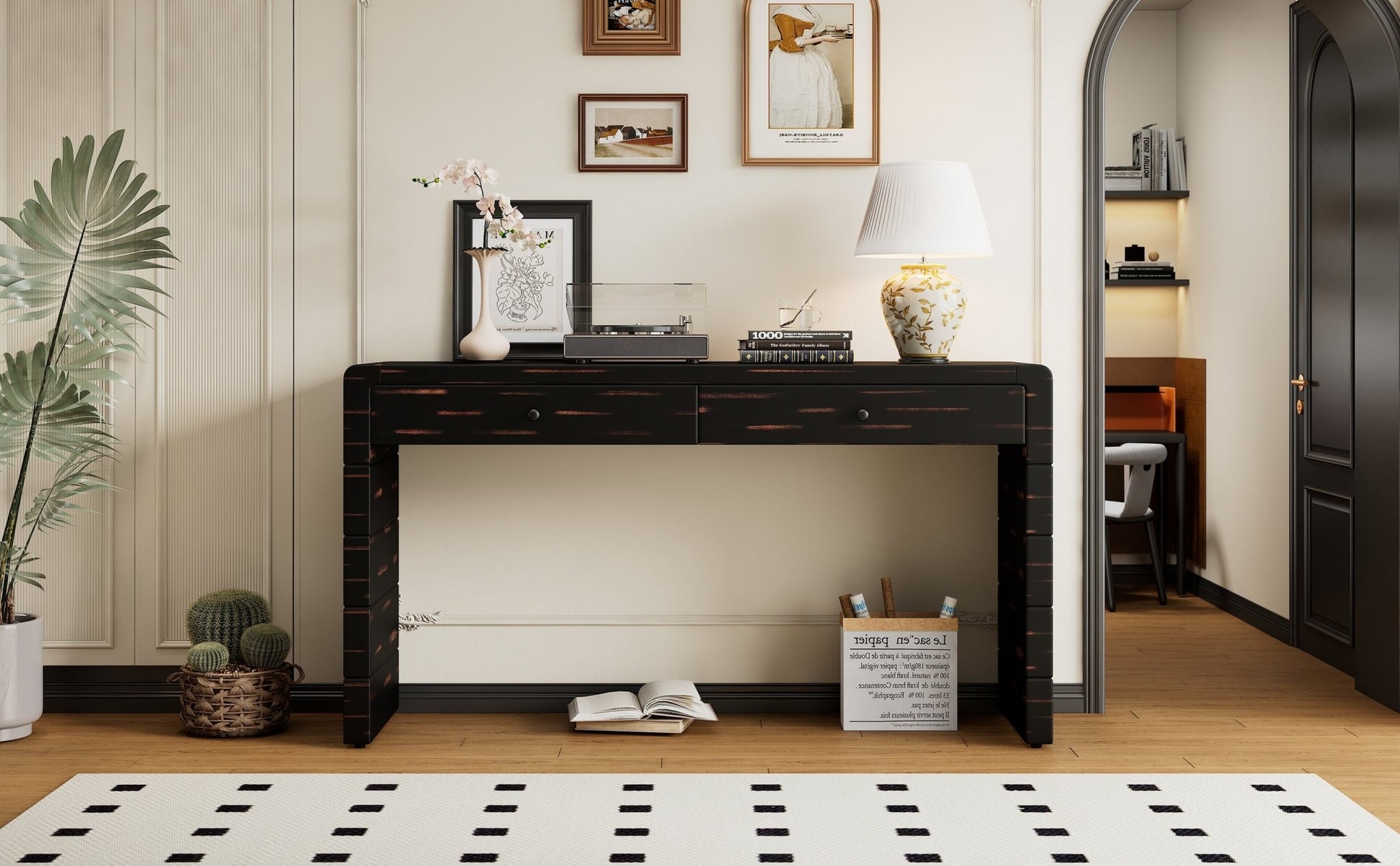 TREXM Curved Console Table with Storage, Wooden Entryway Table with 2 Drawers, Farmhouse Rustic Console Tables for Entryway, Hallway, Living Room, Distressed Black - 1st Choice Furniture Direct