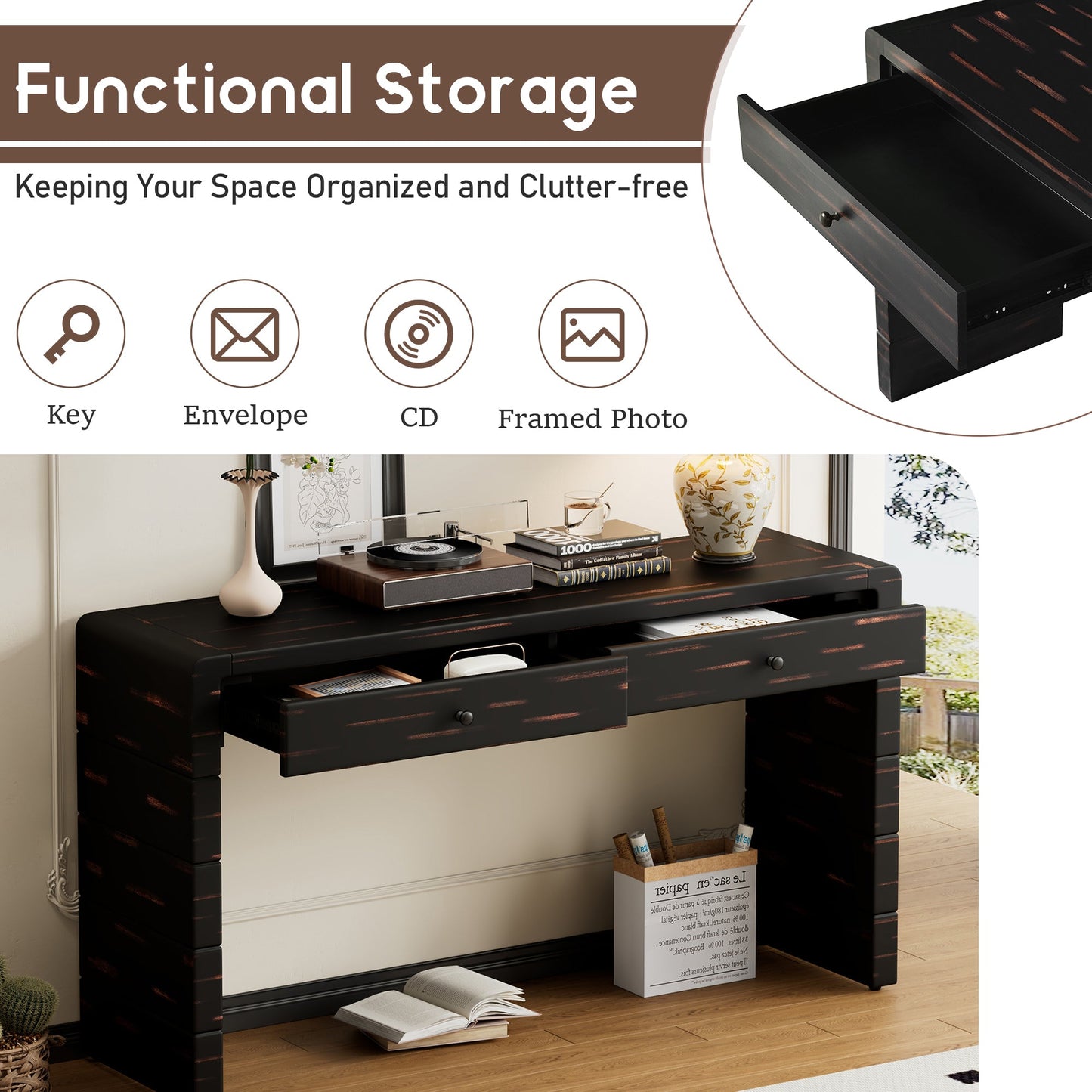 TREXM Curved Console Table with Storage, Wooden Entryway Table with 2 Drawers, Farmhouse Rustic Console Tables for Entryway, Hallway, Living Room, Distressed Black - 1st Choice Furniture Direct