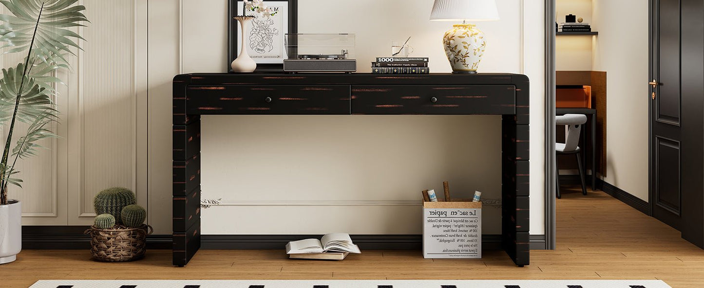 TREXM Curved Console Table with Storage, Wooden Entryway Table with 2 Drawers, Farmhouse Rustic Console Tables for Entryway, Hallway, Living Room, Distressed Black - 1st Choice Furniture Direct