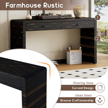 TREXM Curved Console Table with Storage, Wooden Entryway Table with 2 Drawers, Farmhouse Rustic Console Tables for Entryway, Hallway, Living Room, Distressed Black - 1st Choice Furniture Direct