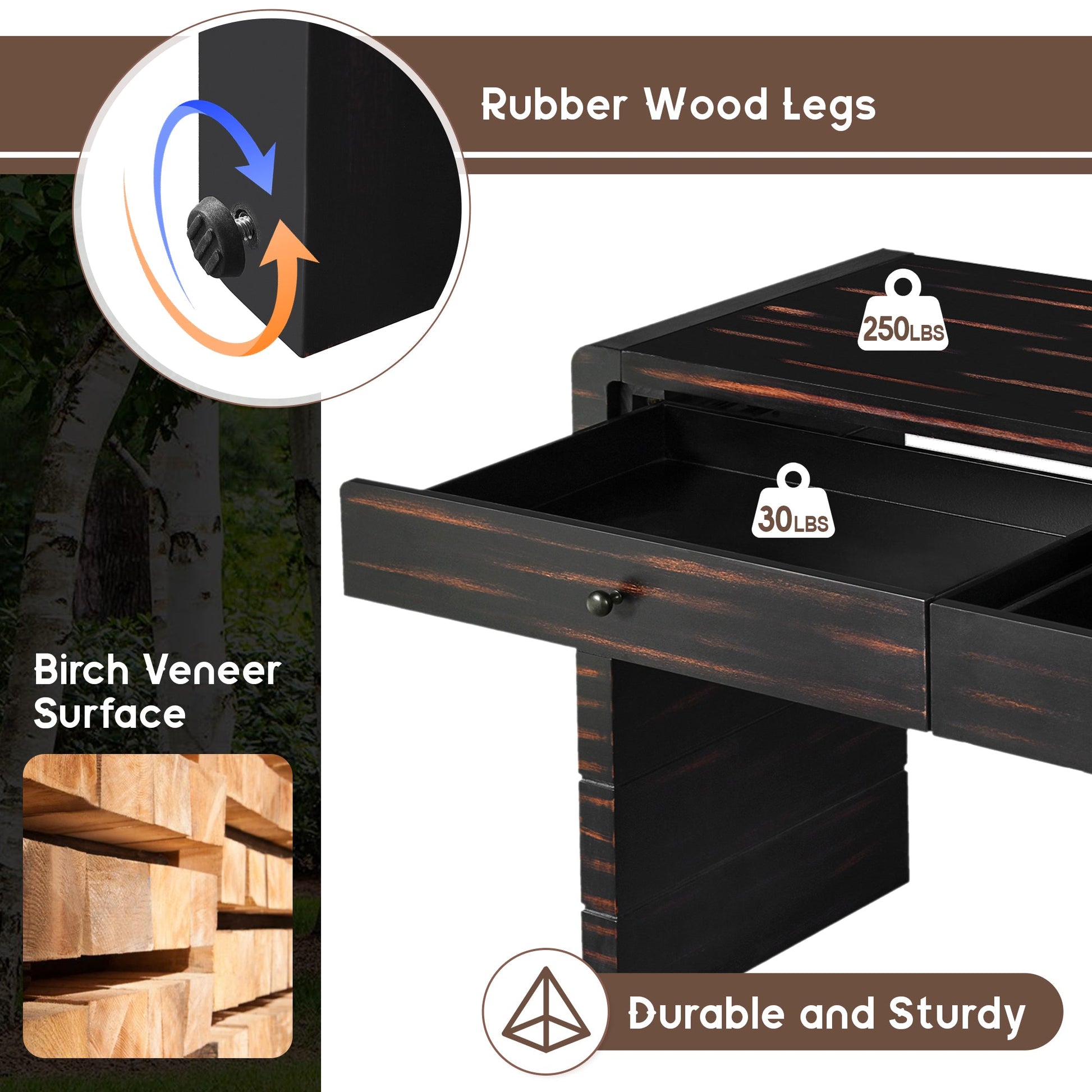 TREXM Curved Console Table with Storage, Wooden Entryway Table with 2 Drawers, Farmhouse Rustic Console Tables for Entryway, Hallway, Living Room, Distressed Black - 1st Choice Furniture Direct