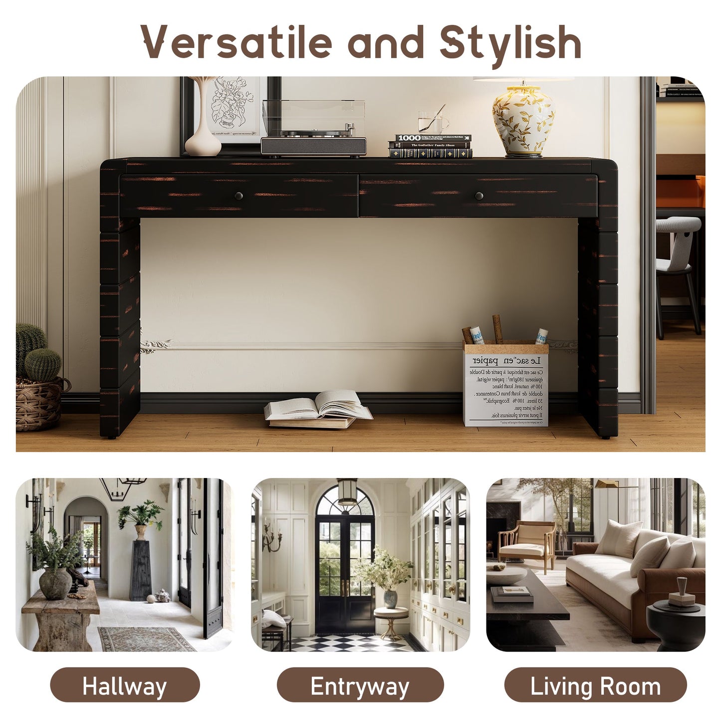 TREXM Curved Console Table with Storage, Wooden Entryway Table with 2 Drawers, Farmhouse Rustic Console Tables for Entryway, Hallway, Living Room, Distressed Black - 1st Choice Furniture Direct