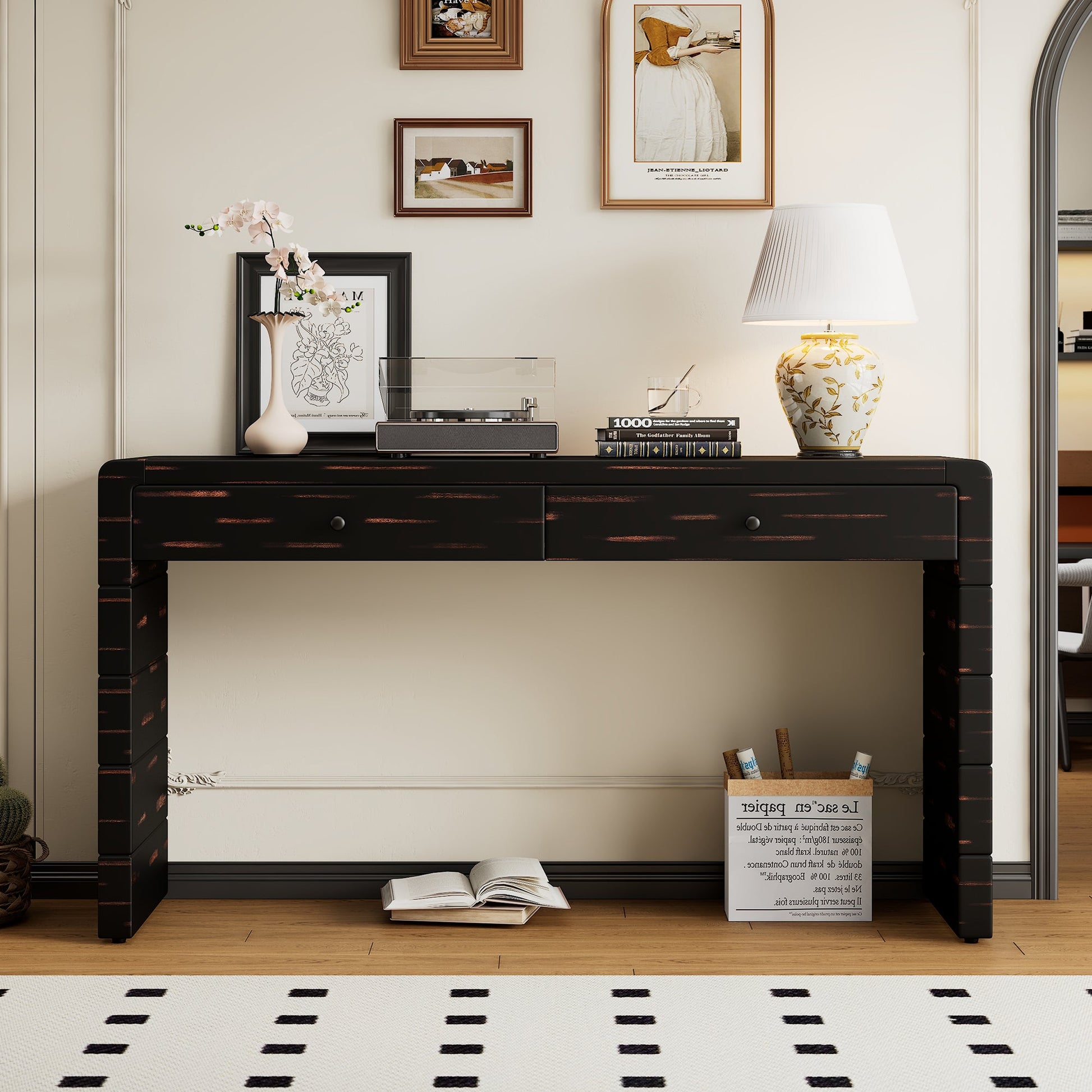 TREXM Curved Console Table with Storage, Wooden Entryway Table with 2 Drawers, Farmhouse Rustic Console Tables for Entryway, Hallway, Living Room, Distressed Black - 1st Choice Furniture Direct