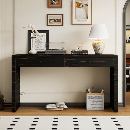 TREXM Curved Console Table with Storage, Wooden Entryway Table with 2 Drawers, Farmhouse Rustic Console Tables for Entryway, Hallway, Living Room, Distressed Black - 1st Choice Furniture Direct