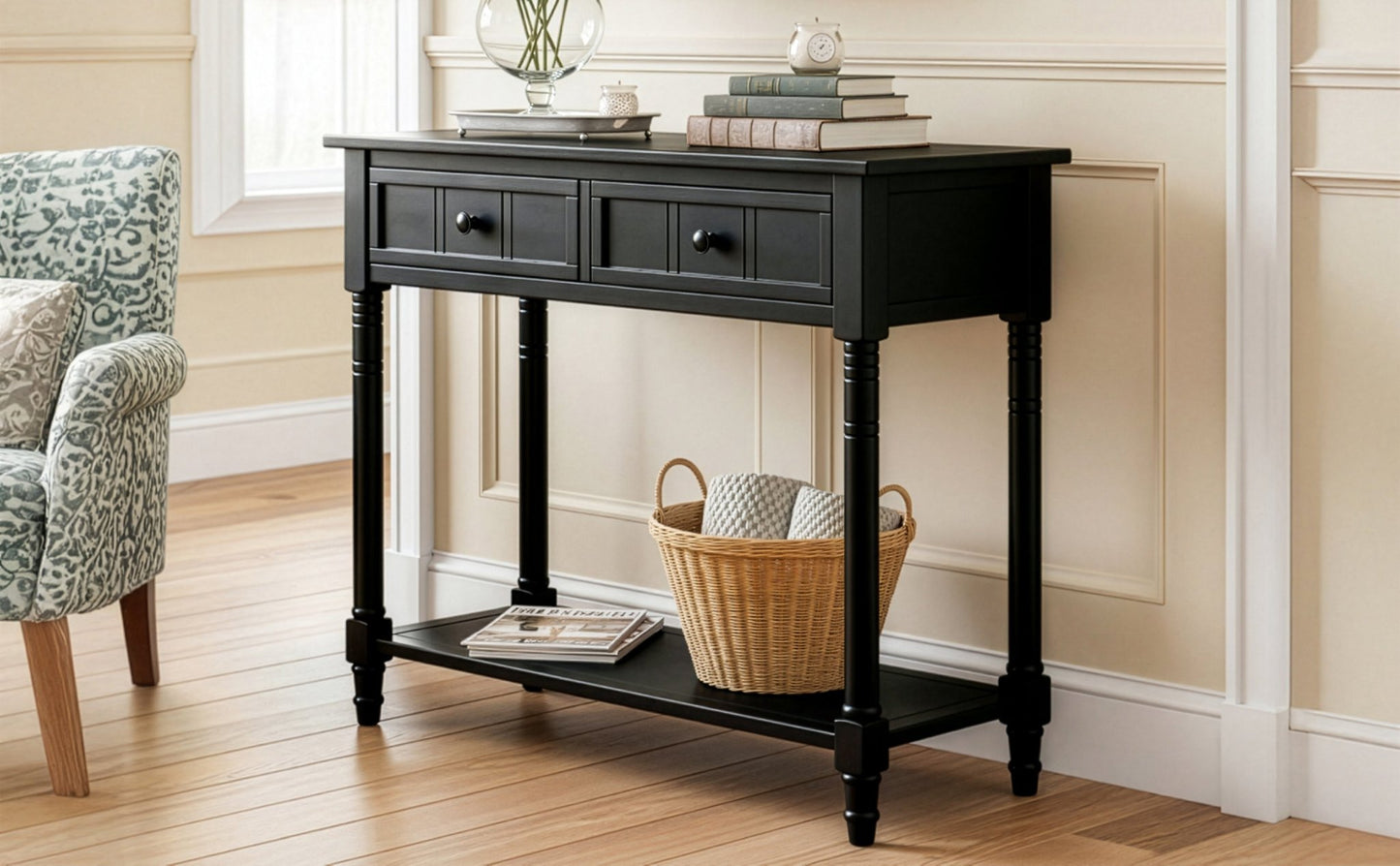 TREXM Daisy Series Console Table Traditional Design with Two Drawers and Bottom Shelf (Black) - 1st Choice Furniture Direct