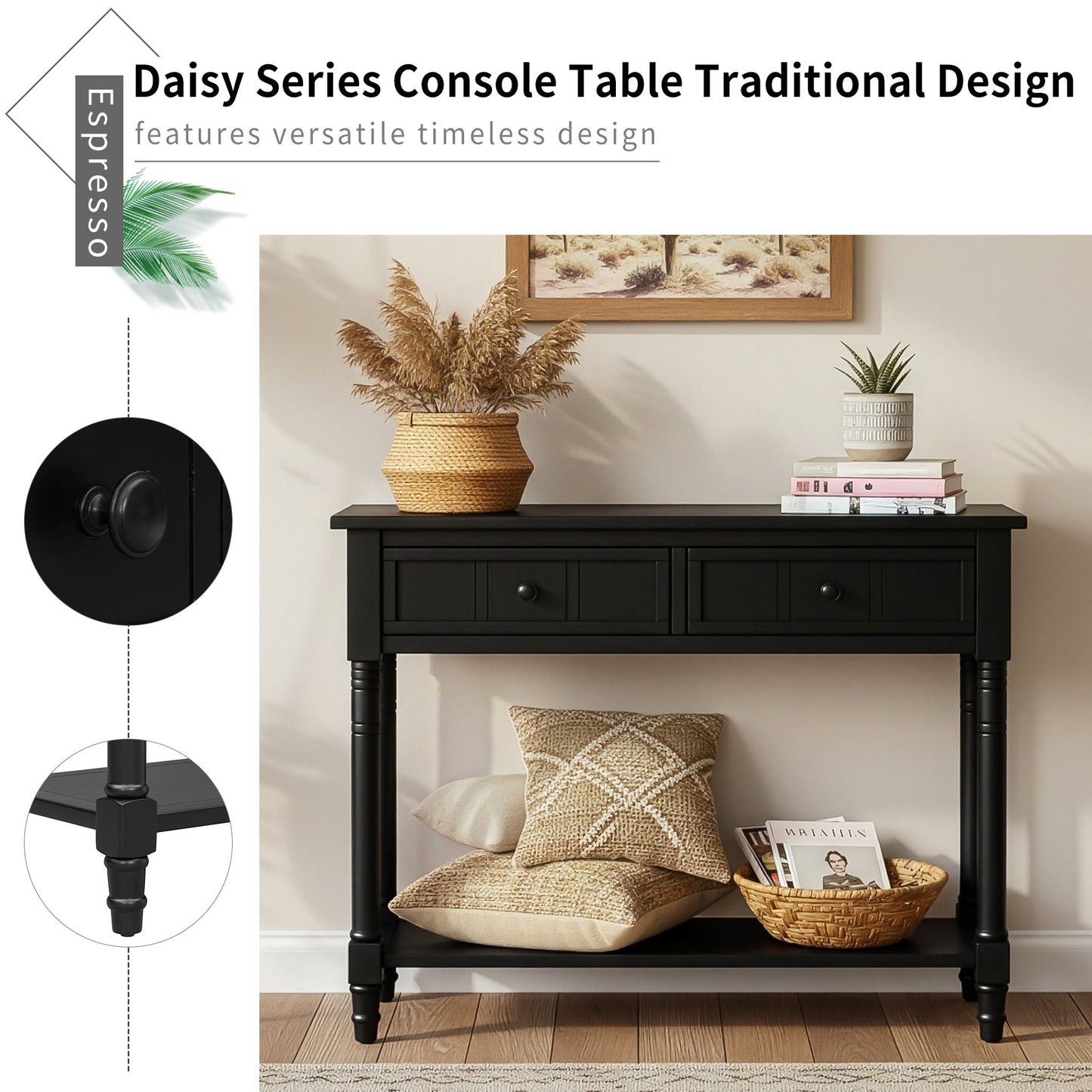 TREXM Daisy Series Console Table Traditional Design with Two Drawers and Bottom Shelf (Black) - 1st Choice Furniture Direct