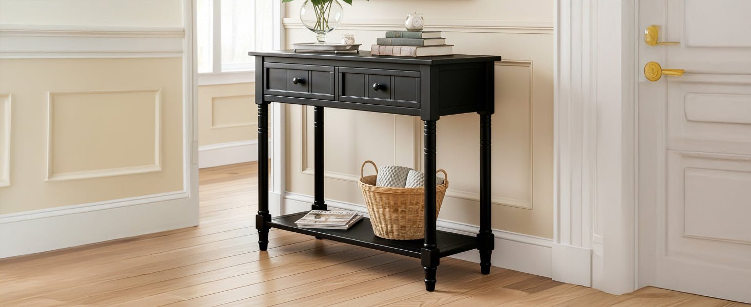 TREXM Daisy Series Console Table Traditional Design with Two Drawers and Bottom Shelf (Black) - 1st Choice Furniture Direct