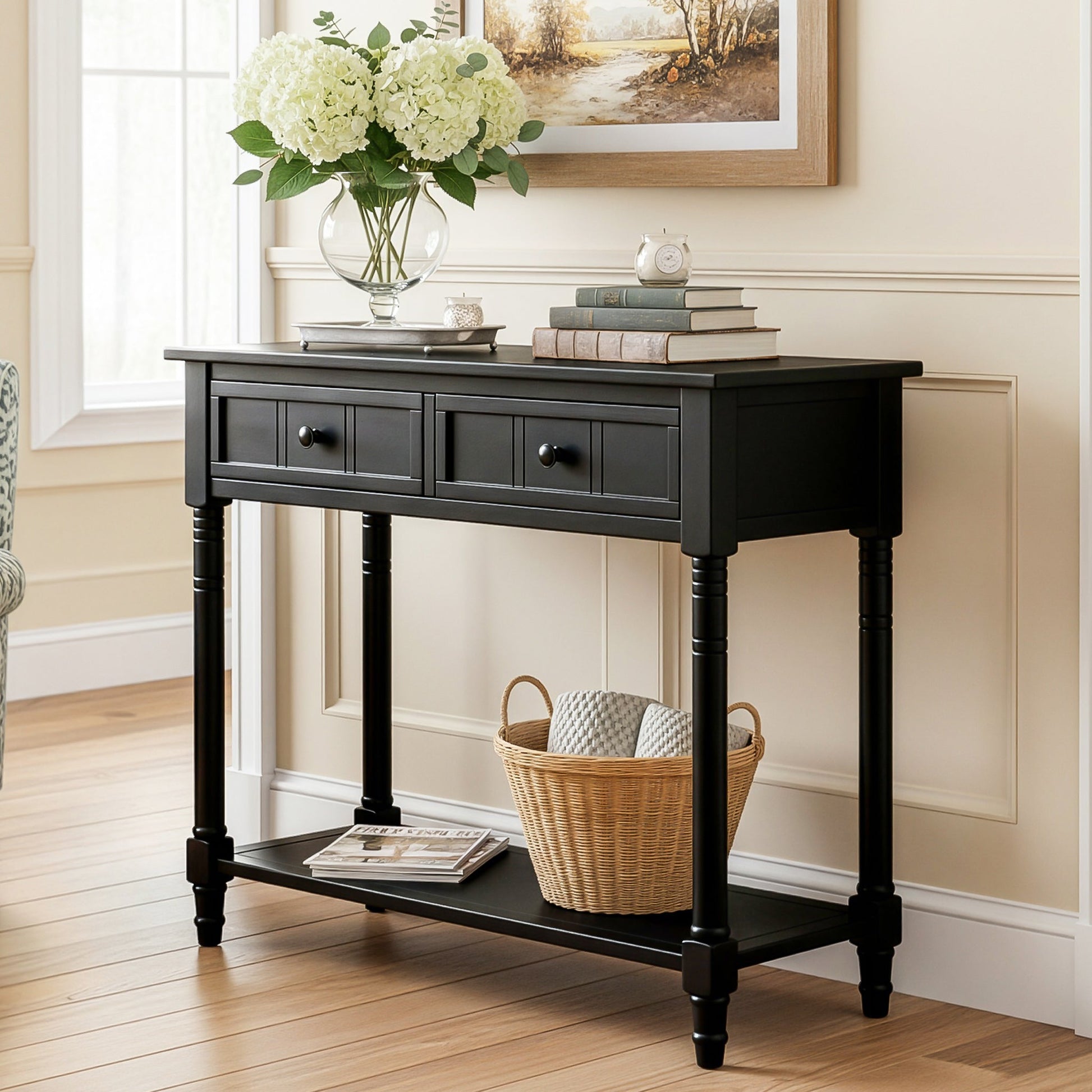 TREXM Daisy Series Console Table Traditional Design with Two Drawers and Bottom Shelf (Black) - 1st Choice Furniture Direct