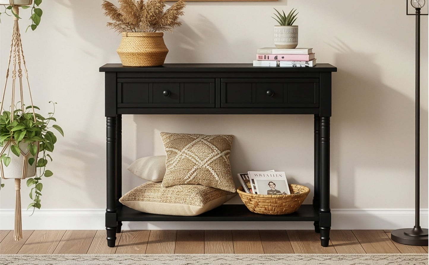 TREXM Daisy Series Console Table Traditional Design with Two Drawers and Bottom Shelf (Black) - 1st Choice Furniture Direct