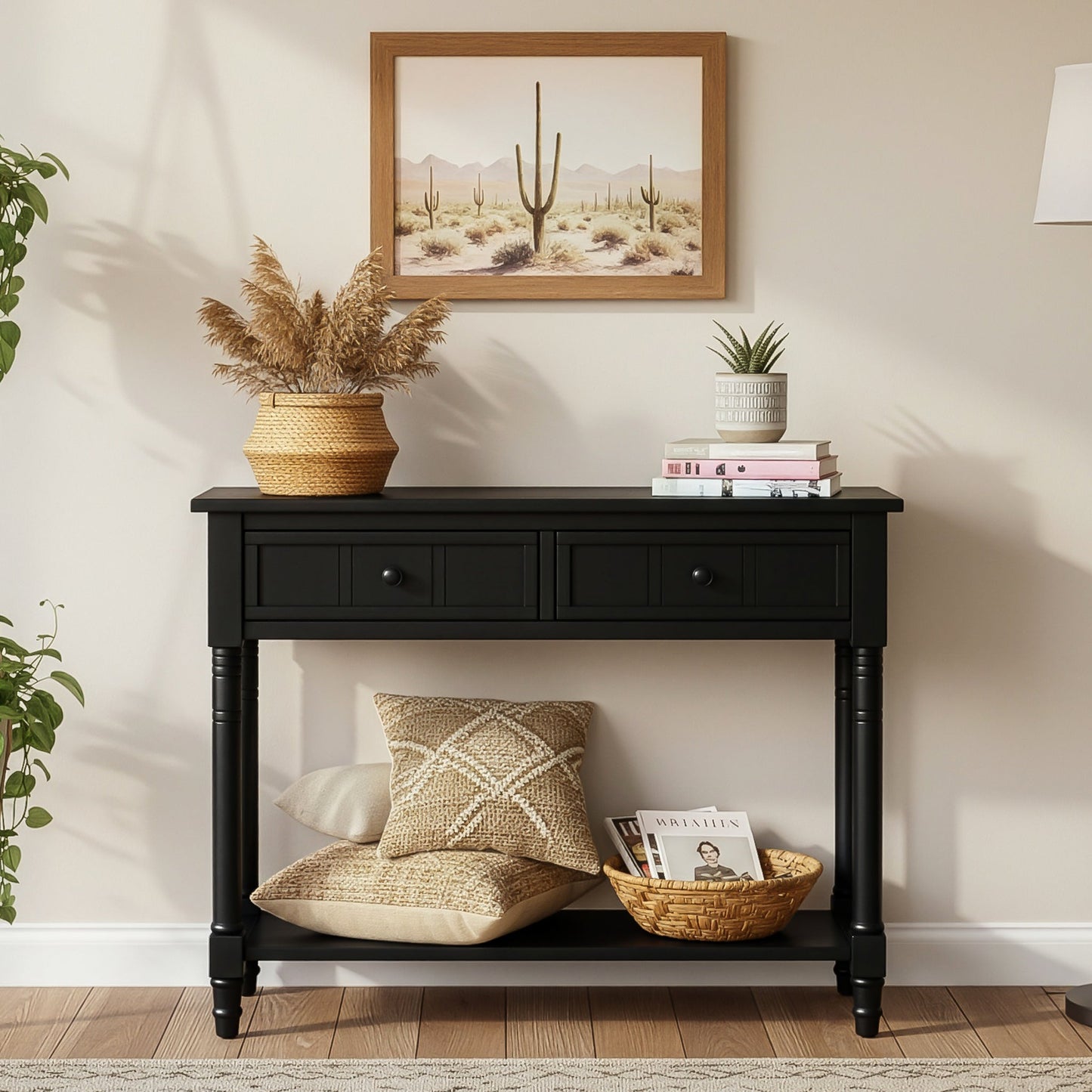 TREXM Daisy Series Console Table Traditional Design with Two Drawers and Bottom Shelf (Black) - 1st Choice Furniture Direct