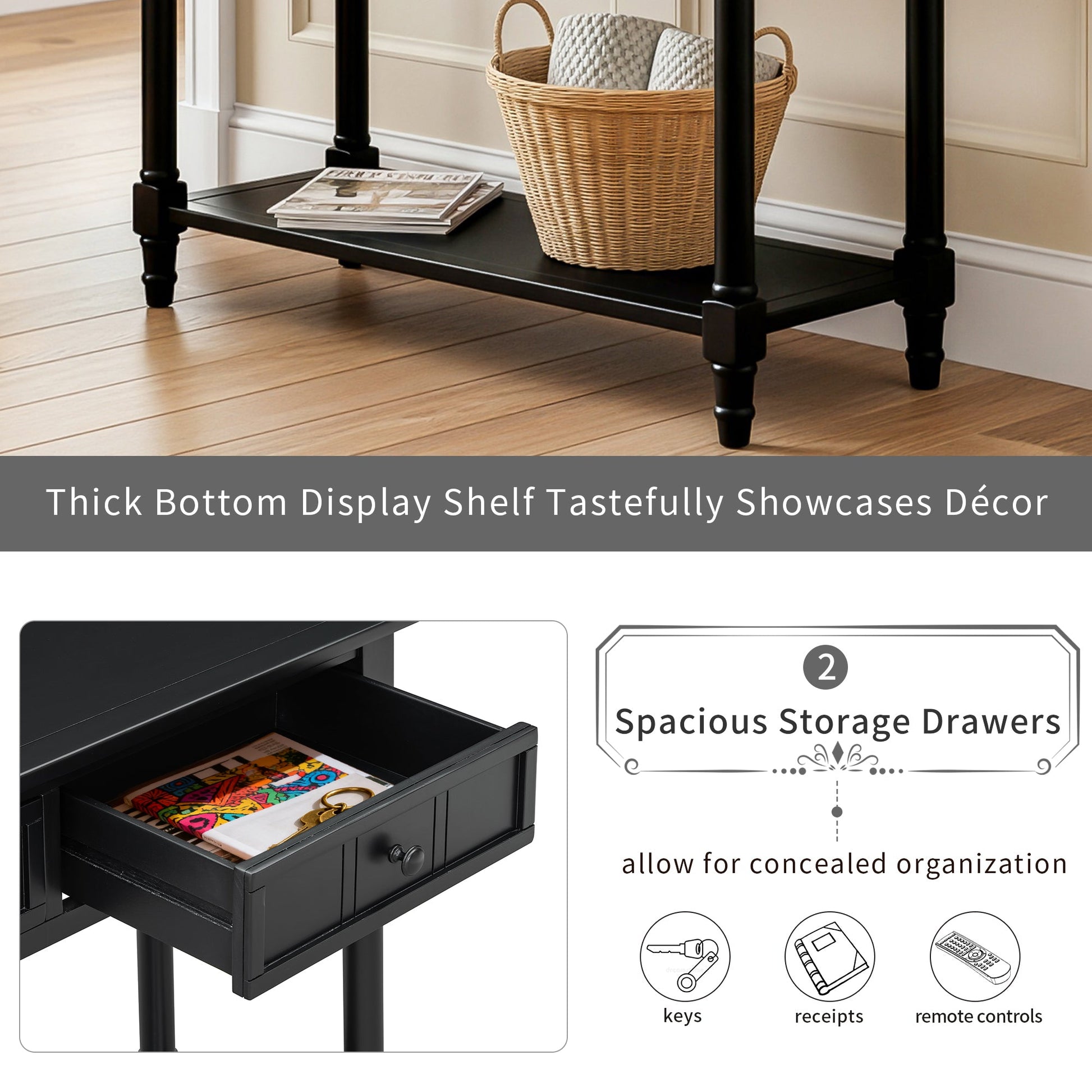 TREXM Daisy Series Console Table Traditional Design with Two Drawers and Bottom Shelf (Black) - 1st Choice Furniture Direct
