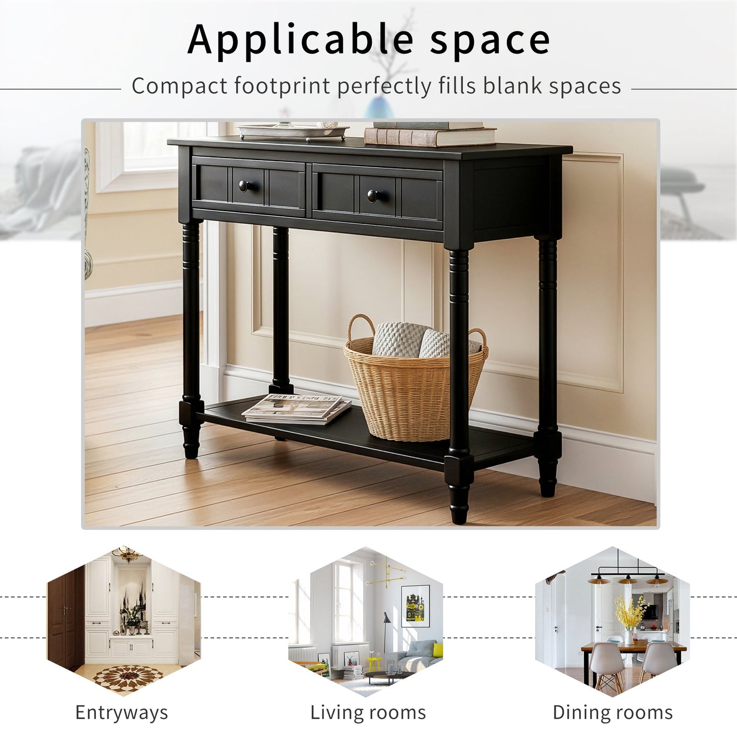 TREXM Daisy Series Console Table Traditional Design with Two Drawers and Bottom Shelf (Black) - 1st Choice Furniture Direct