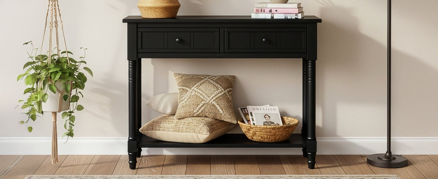 TREXM Daisy Series Console Table Traditional Design with Two Drawers and Bottom Shelf (Black) - 1st Choice Furniture Direct