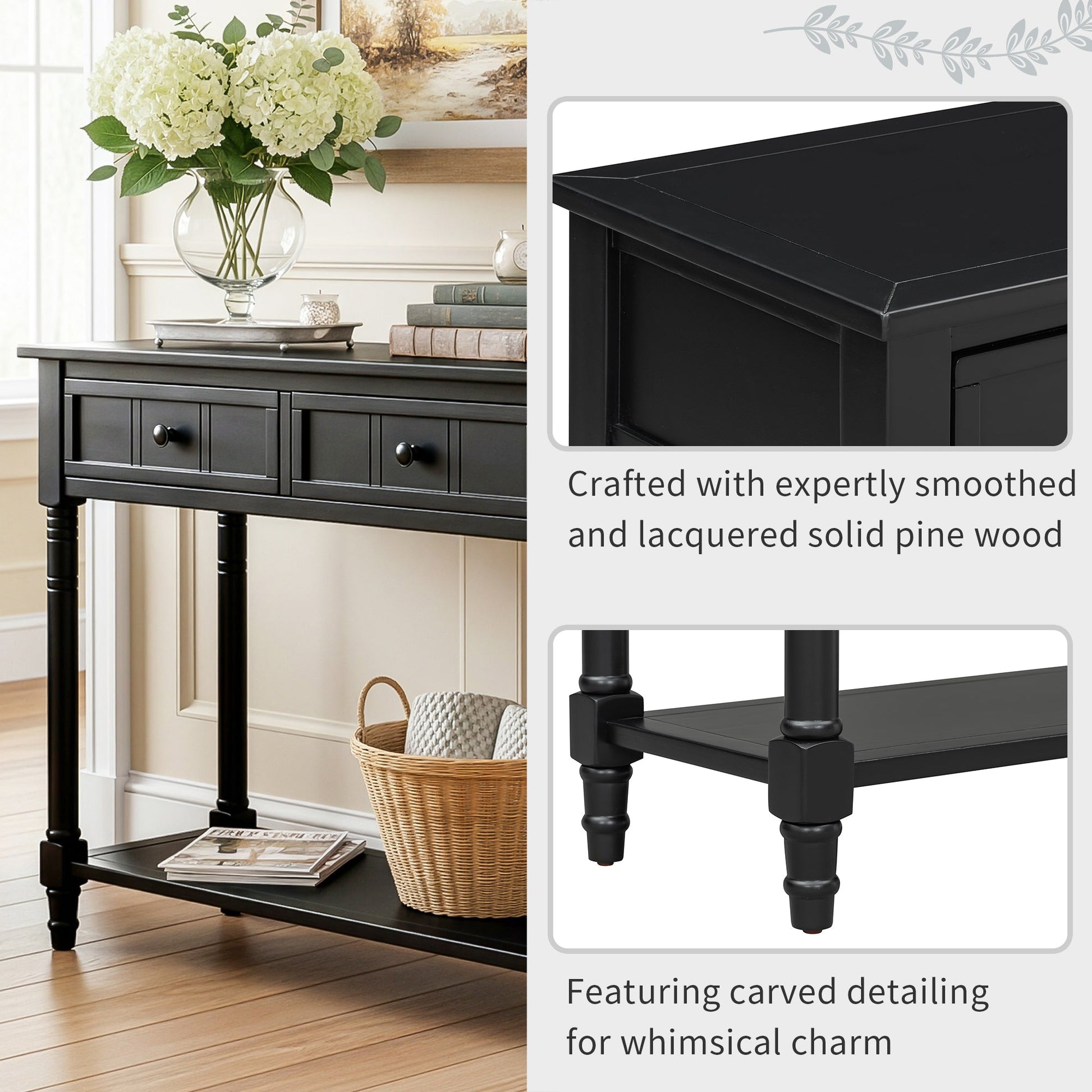 TREXM Daisy Series Console Table Traditional Design with Two Drawers and Bottom Shelf (Black) - 1st Choice Furniture Direct