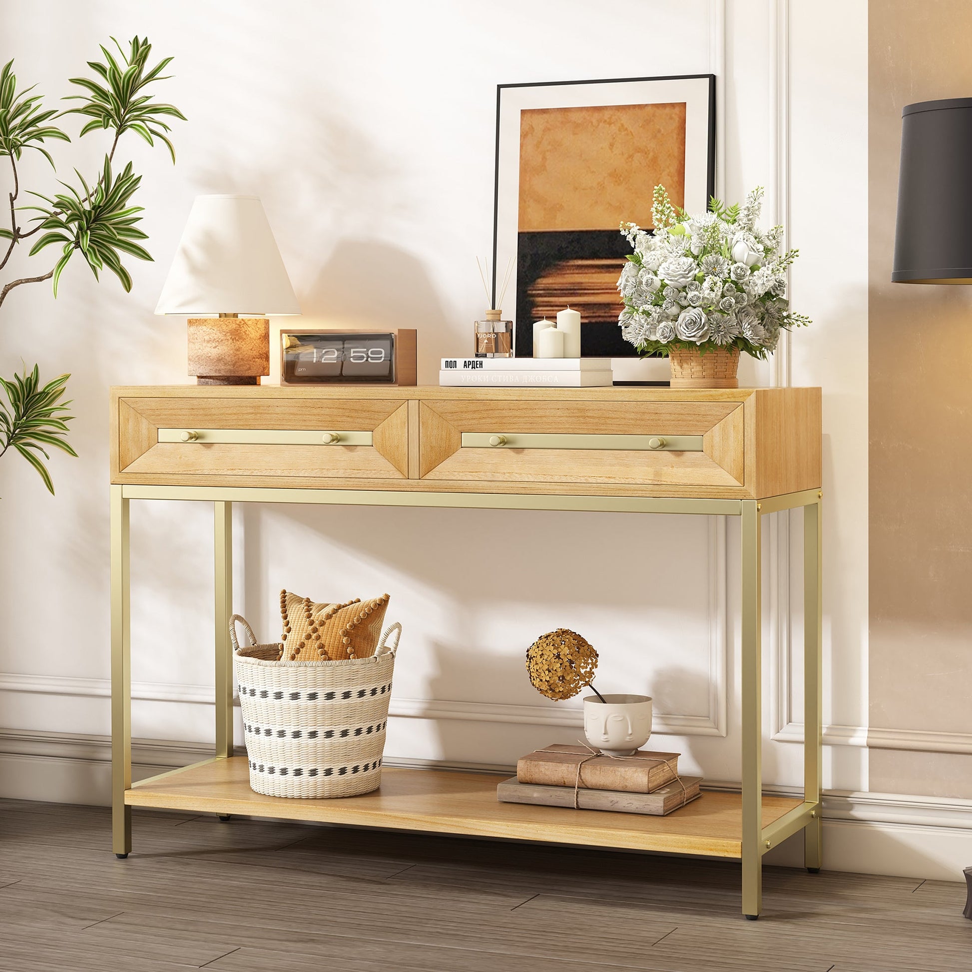 TREXM Entryway Table, Console Table with Two Drawers, Retro Hallway Table with Striking Geometric Design for Entryway and Living Room (Natural) - 1st Choice Furniture Direct