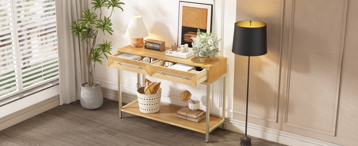 TREXM Entryway Table, Console Table with Two Drawers, Retro Hallway Table with Striking Geometric Design for Entryway and Living Room (Natural) - 1st Choice Furniture Direct