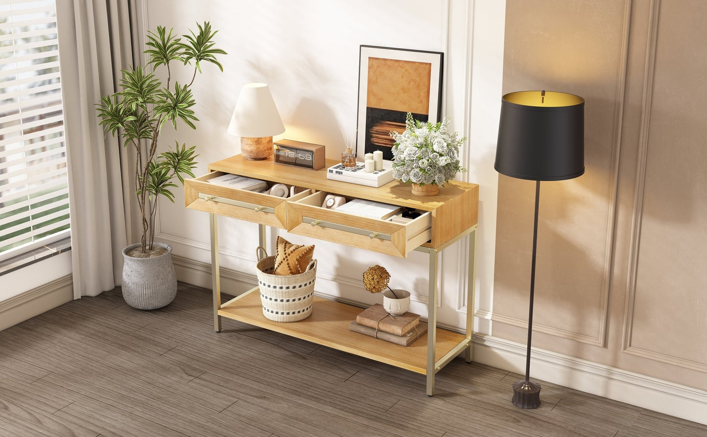 TREXM Entryway Table, Console Table with Two Drawers, Retro Hallway Table with Striking Geometric Design for Entryway and Living Room (Natural) - 1st Choice Furniture Direct
