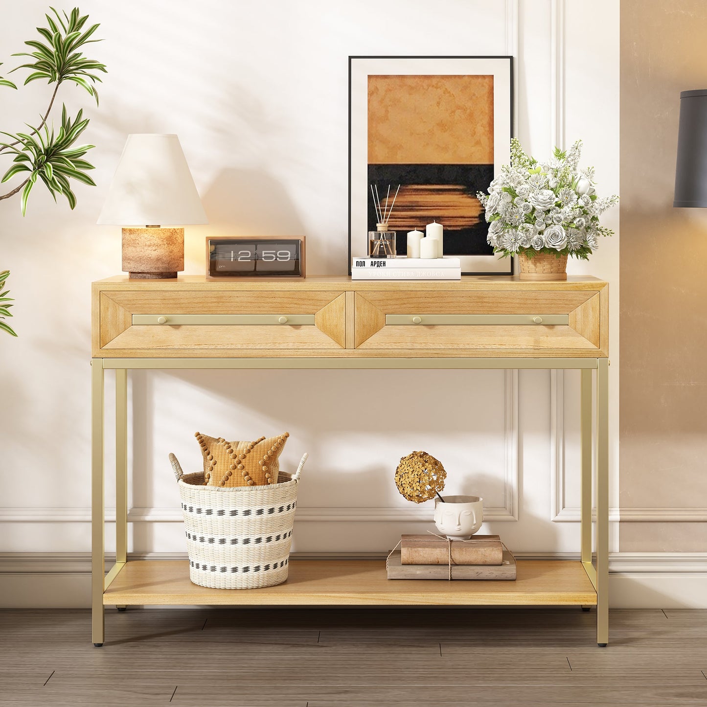 TREXM Entryway Table, Console Table with Two Drawers, Retro Hallway Table with Striking Geometric Design for Entryway and Living Room (Natural) - 1st Choice Furniture Direct