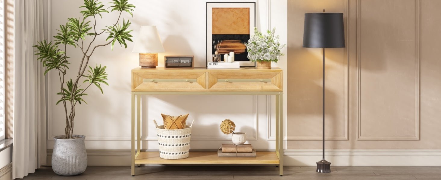 TREXM Entryway Table, Console Table with Two Drawers, Retro Hallway Table with Striking Geometric Design for Entryway and Living Room (Natural) - 1st Choice Furniture Direct