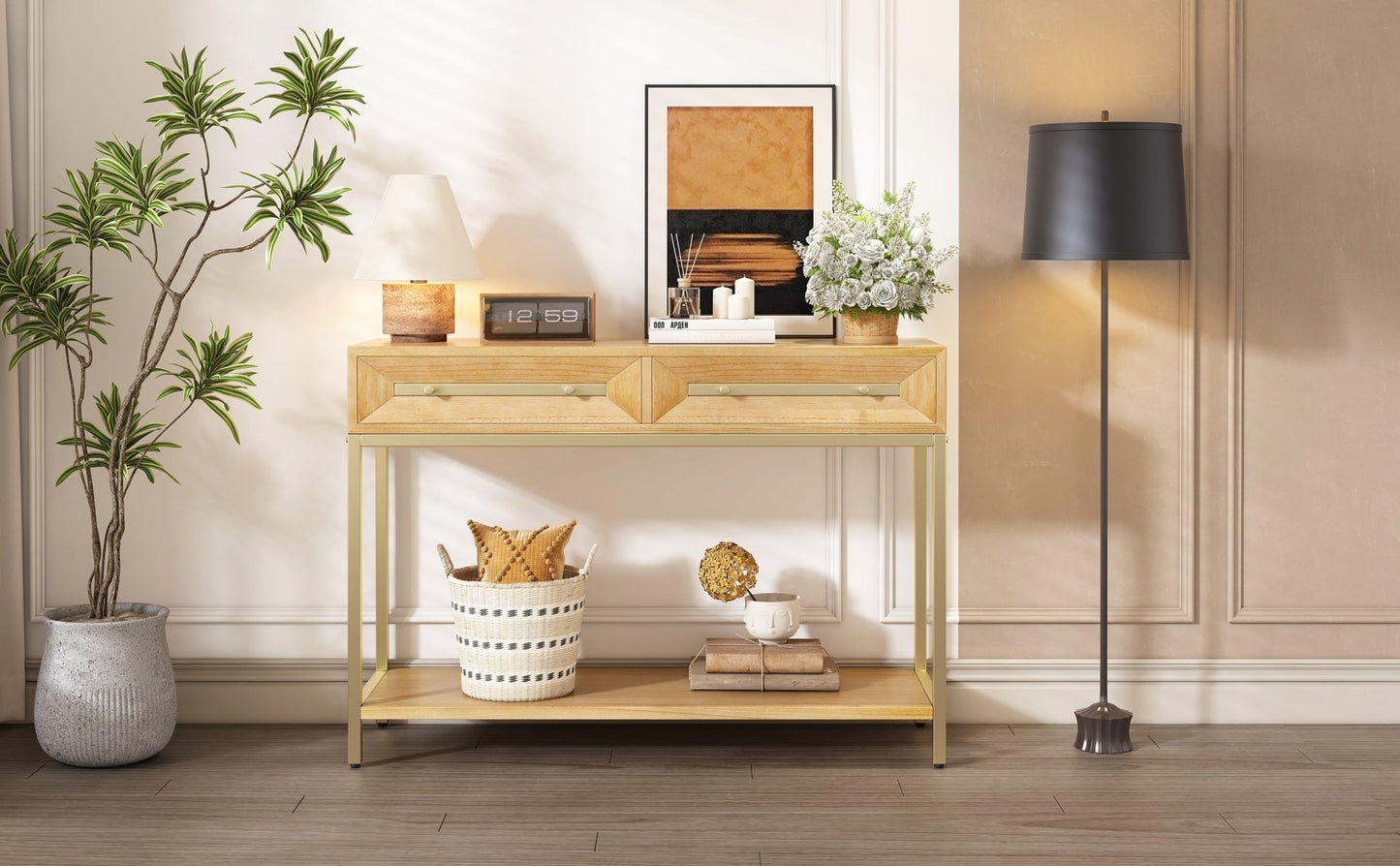 TREXM Entryway Table, Console Table with Two Drawers, Retro Hallway Table with Striking Geometric Design for Entryway and Living Room (Natural) - 1st Choice Furniture Direct