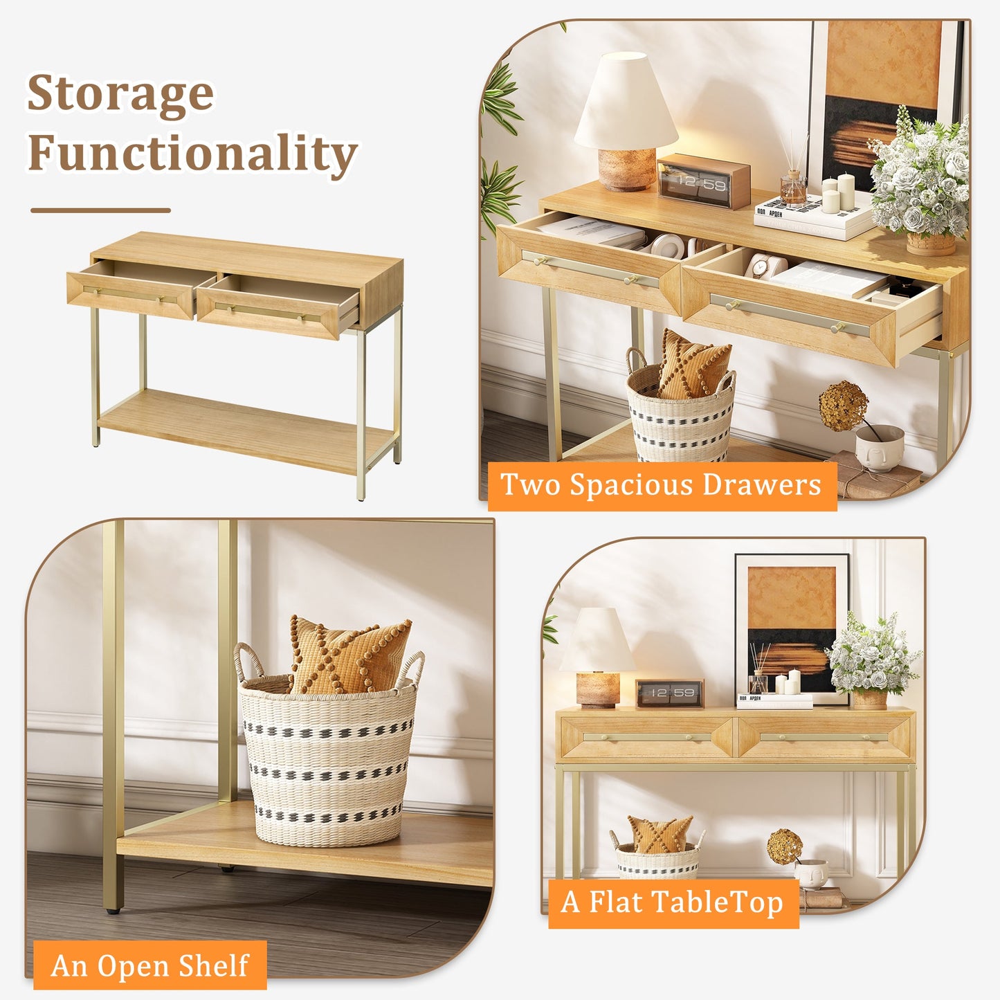 TREXM Entryway Table, Console Table with Two Drawers, Retro Hallway Table with Striking Geometric Design for Entryway and Living Room (Natural) - 1st Choice Furniture Direct