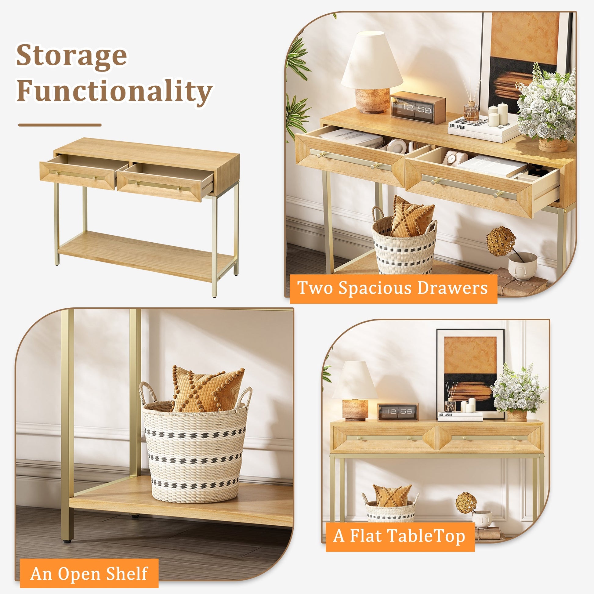 TREXM Entryway Table, Console Table with Two Drawers, Retro Hallway Table with Striking Geometric Design for Entryway and Living Room (Natural) - 1st Choice Furniture Direct