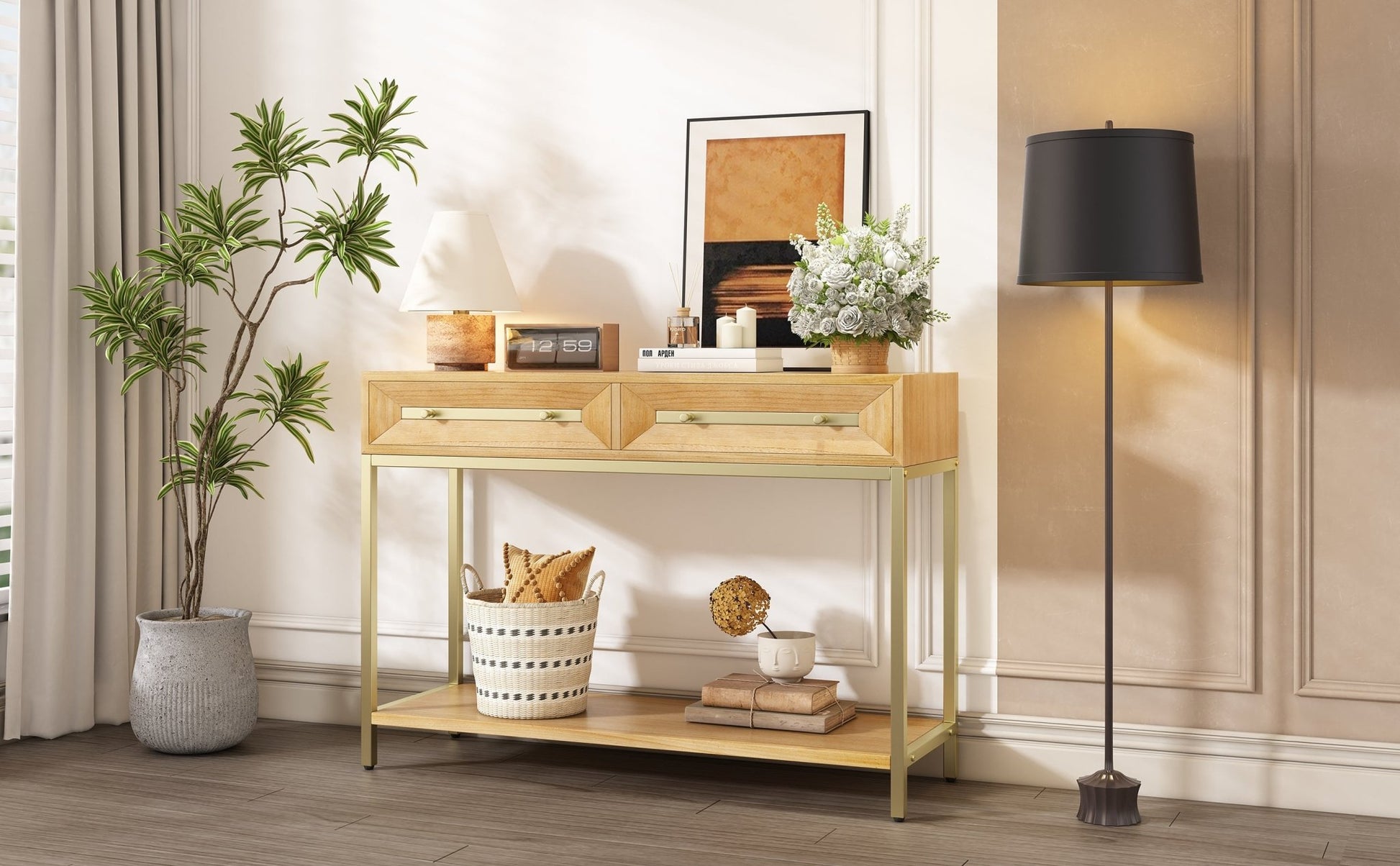 TREXM Entryway Table, Console Table with Two Drawers, Retro Hallway Table with Striking Geometric Design for Entryway and Living Room (Natural) - 1st Choice Furniture Direct